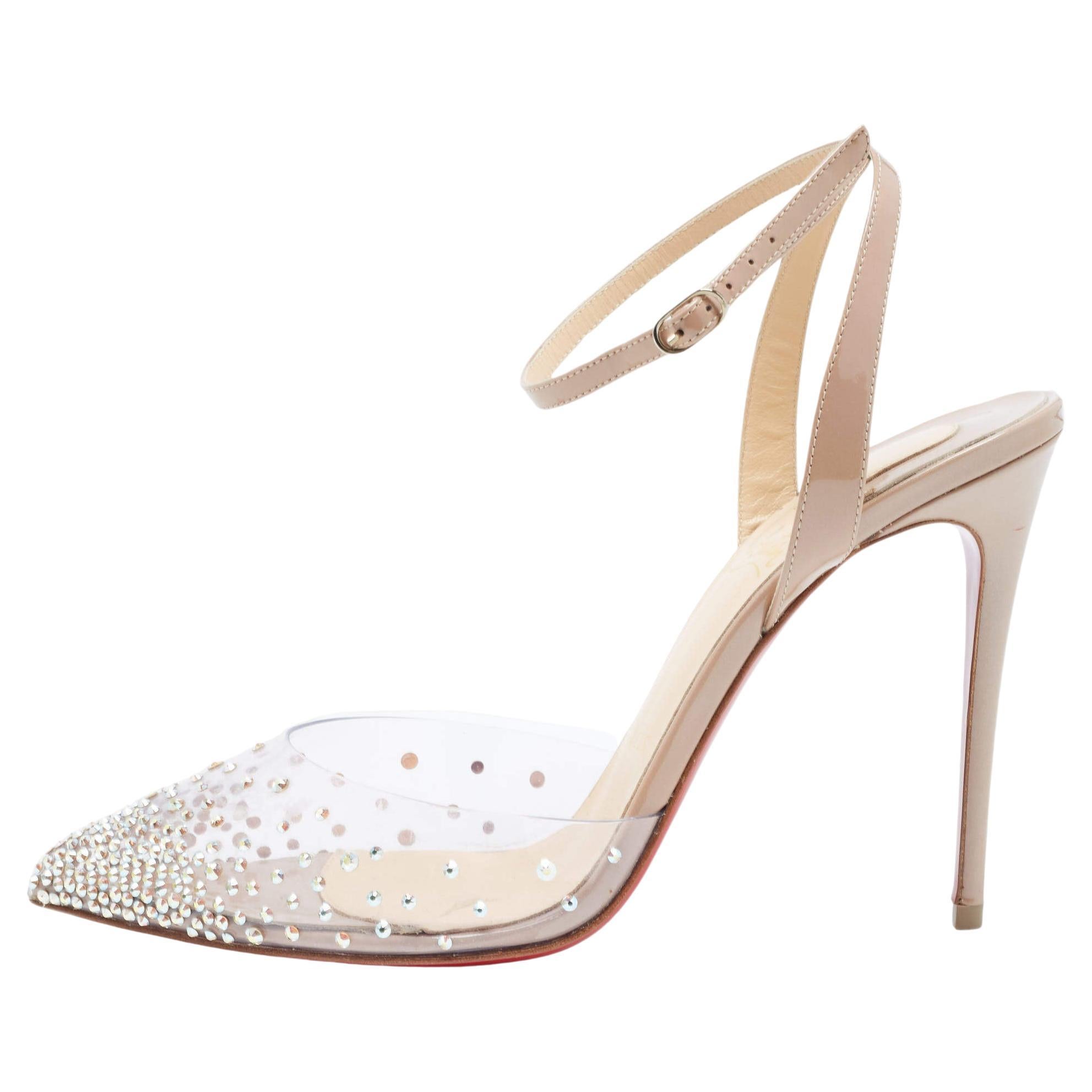 Christian Louboutin Beige Patent Leather and PVC Ankle Strap Pumps Size 37.5 For Sale
