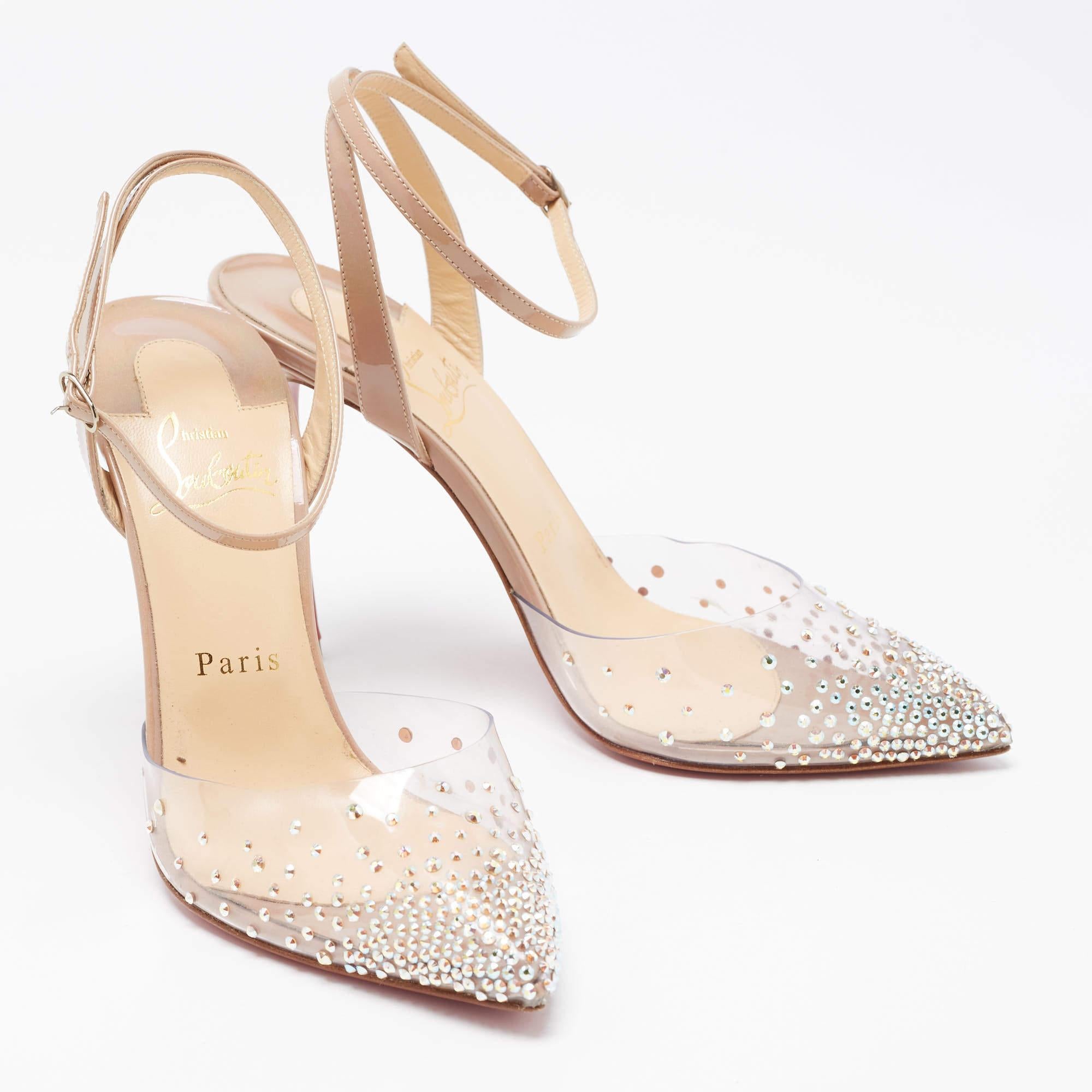 Christian Louboutin Beige Patent Leather and PVC Ankle Strap Size 37.5 In Good Condition For Sale In Dubai, Al Qouz 2