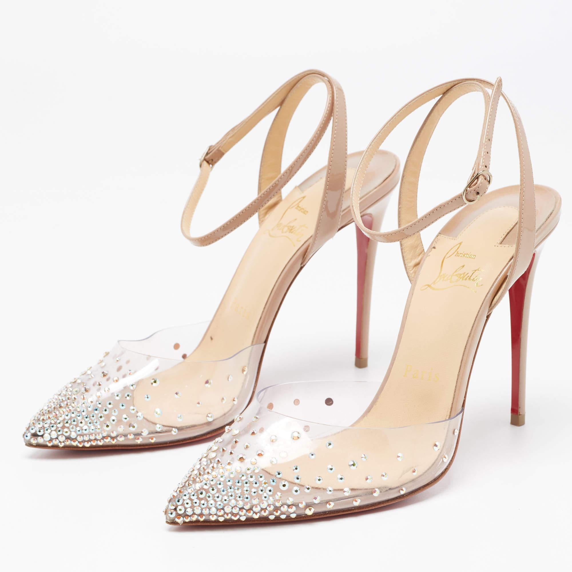 Christian Louboutin Beige Patent Leather and PVC Ankle Strap Size 37.5 For Sale 4