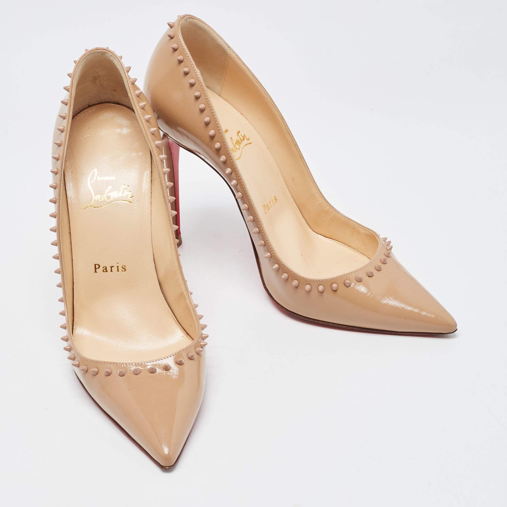 Christian Louboutin Beige Patent Leather Anjalina Spike Pointed Toe Pumps Size 3 For Sale 1