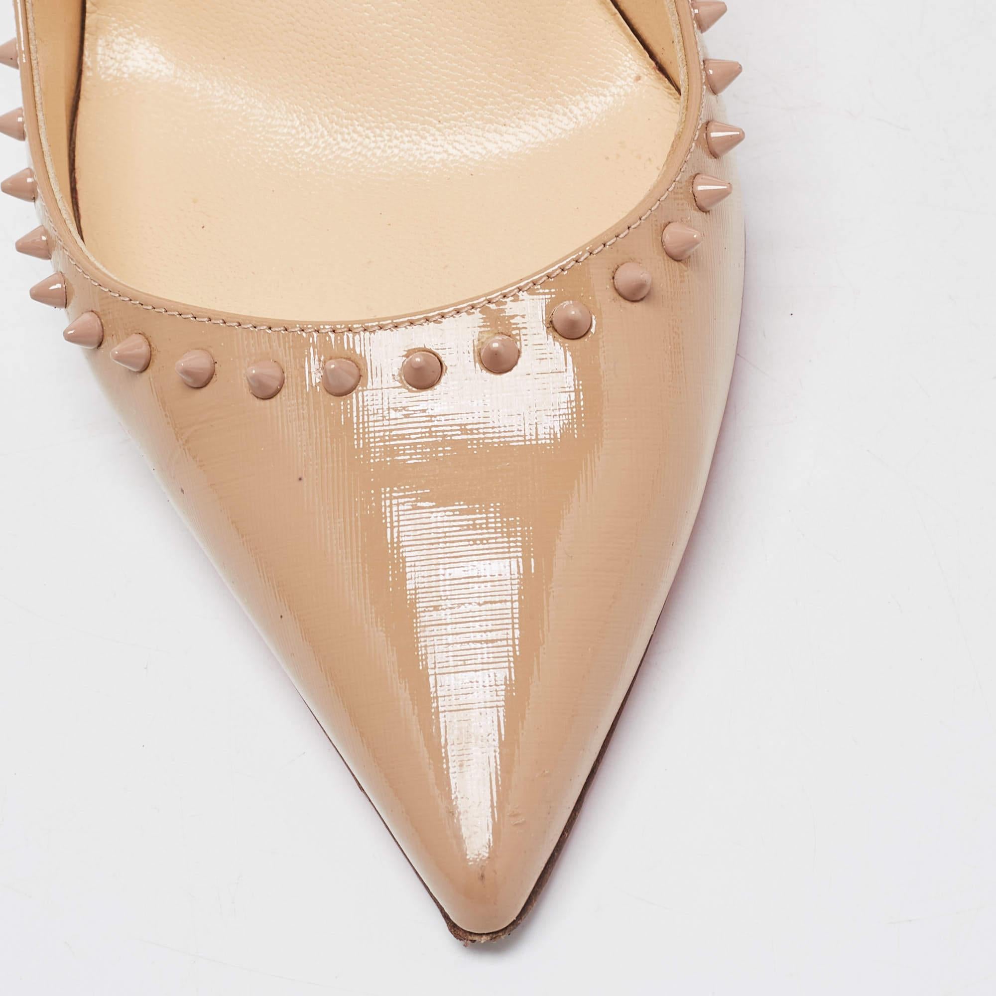 Christian Louboutin Beige Patent Leather Anjalina Spike Pointed Toe Pumps Size 3 For Sale 2
