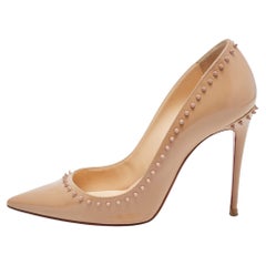 Christian Louboutin Beige Patent Leather Anjalina Spike Pointed Toe Pumps Size 3