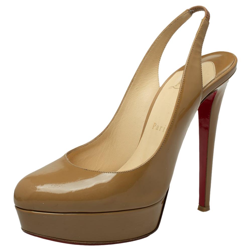 Christian Louboutin Beige Patent Leather Bianca Slingback Sandals Size 38 For Sale