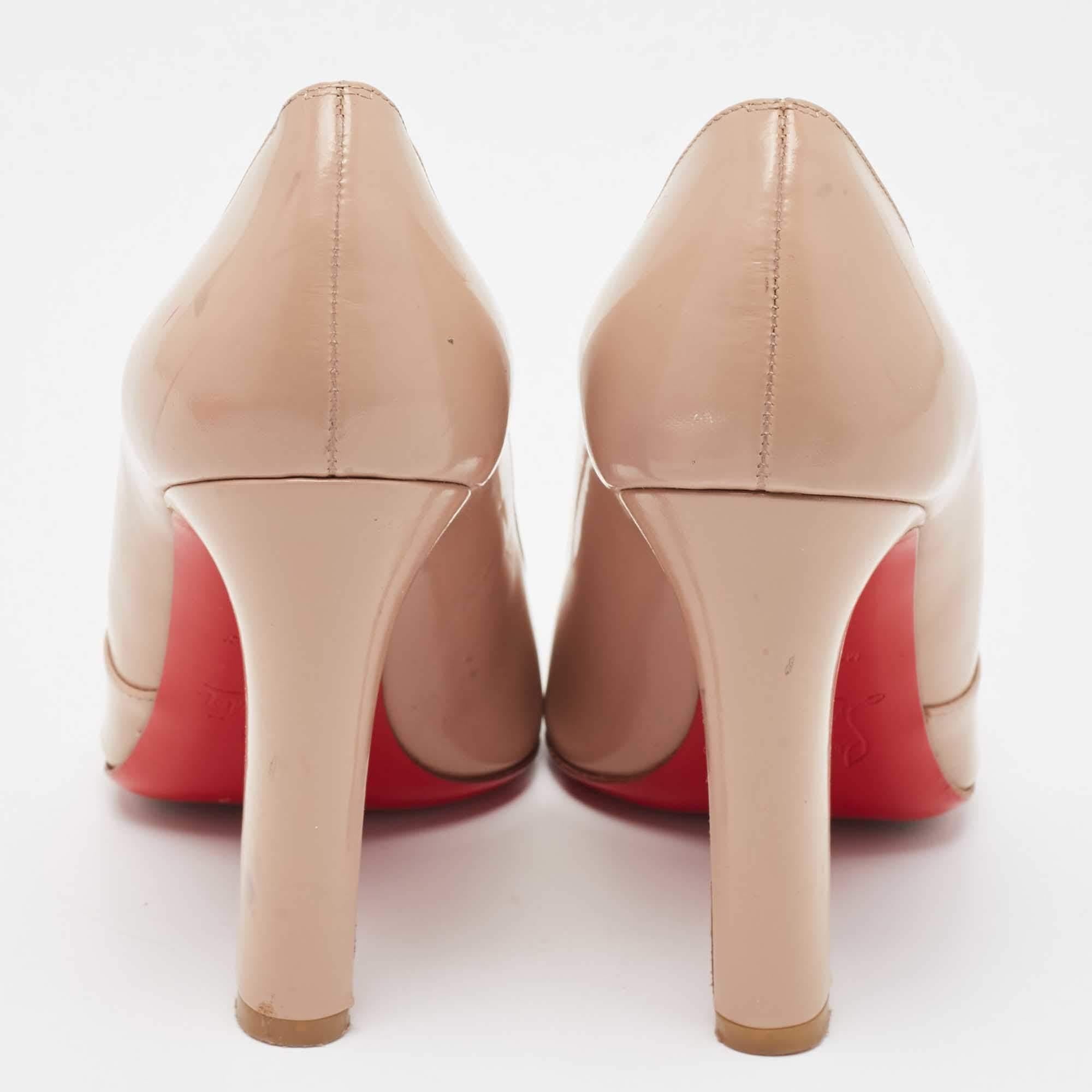 Christian Louboutin Beige Patent Leather Buckle Detail Peep Toe Pumps Size 37.5 For Sale 1