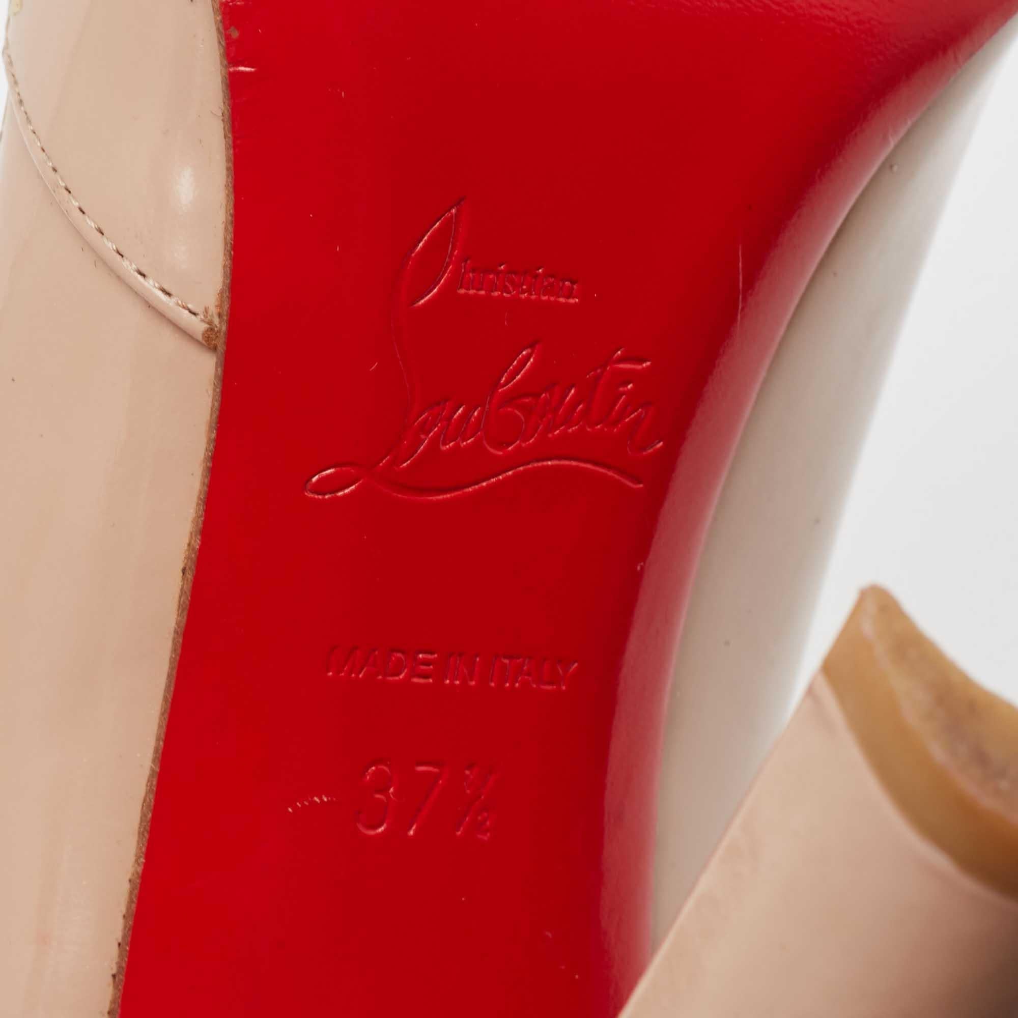Christian Louboutin Beige Patent Leather Buckle Detail Peep Toe Pumps Size 37.5 For Sale 4