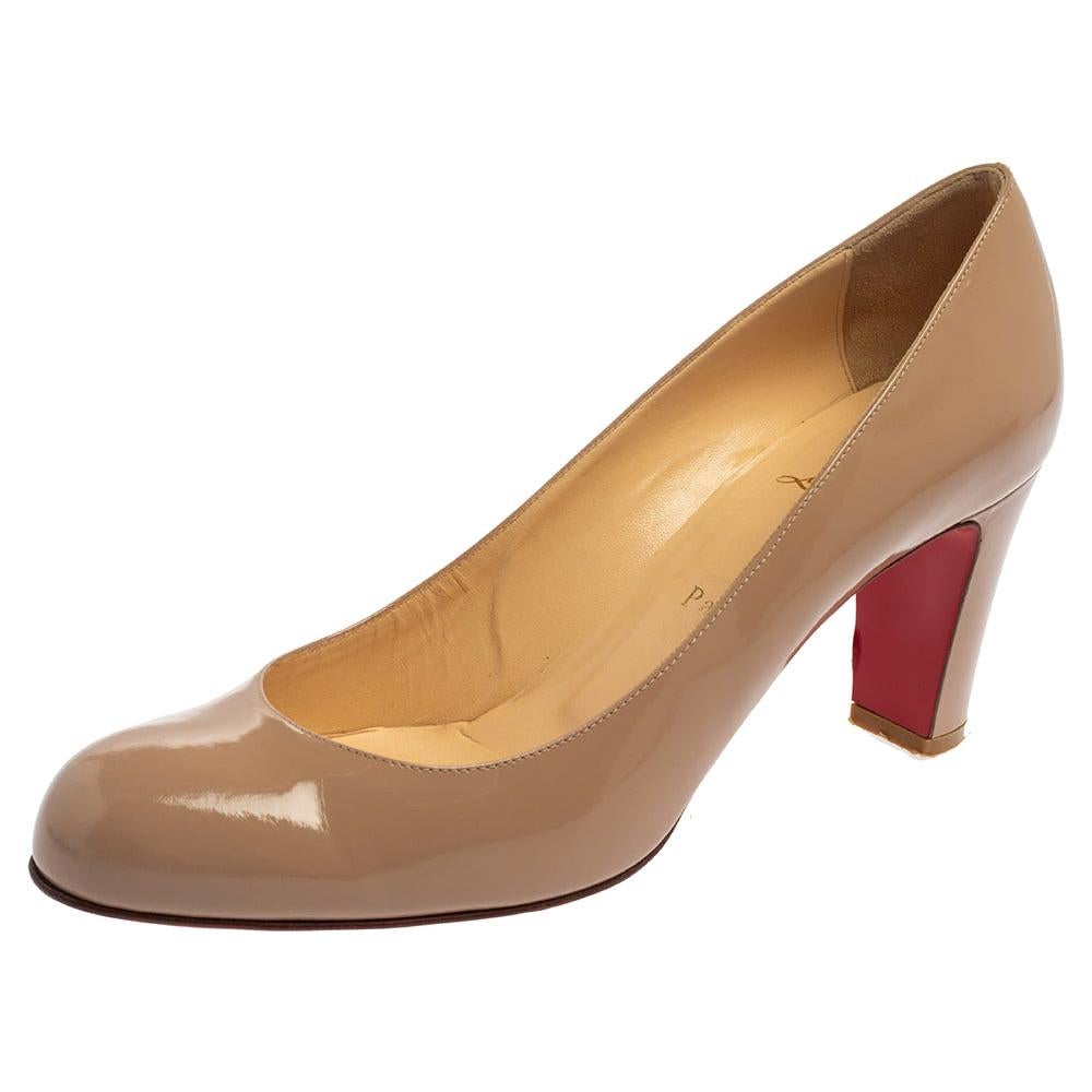 Christian Louboutin Beige Patent Leather Cadrilla Block Heel Pumps Size 40.5