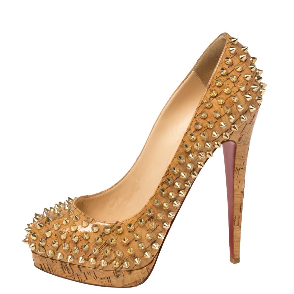 Christian Louboutin Beige Patent Leather Cork Alti Spike Platform Pumps Size 39 1