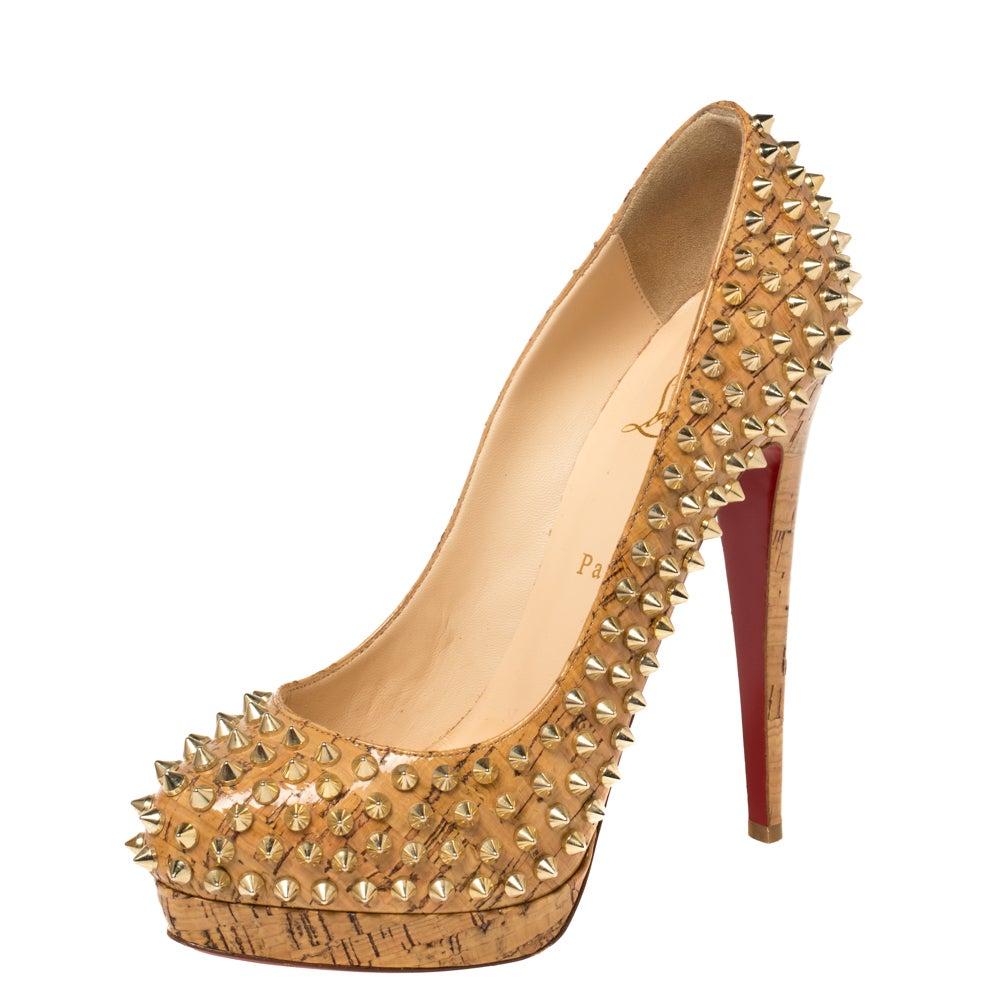 Christian Louboutin Beige Patent Leather Cork Alti Spike Platform Pumps Size 39