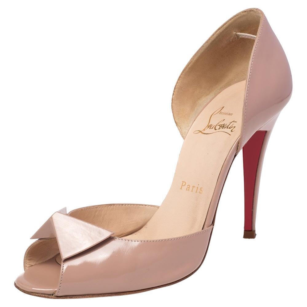 Christian Louboutin Beige Patent Leather D'orsay Peep Toe Pumps Size 38 For Sale