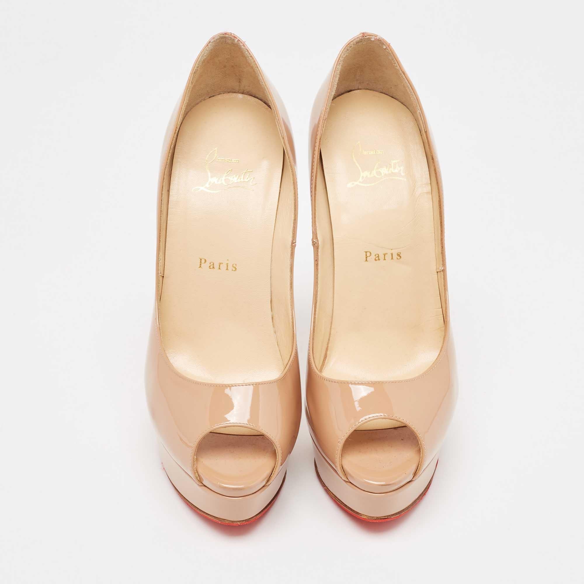 Christian Louboutin Beige Patent Leather Lady Peep Pumps Size 38.5 In Good Condition In Dubai, Al Qouz 2