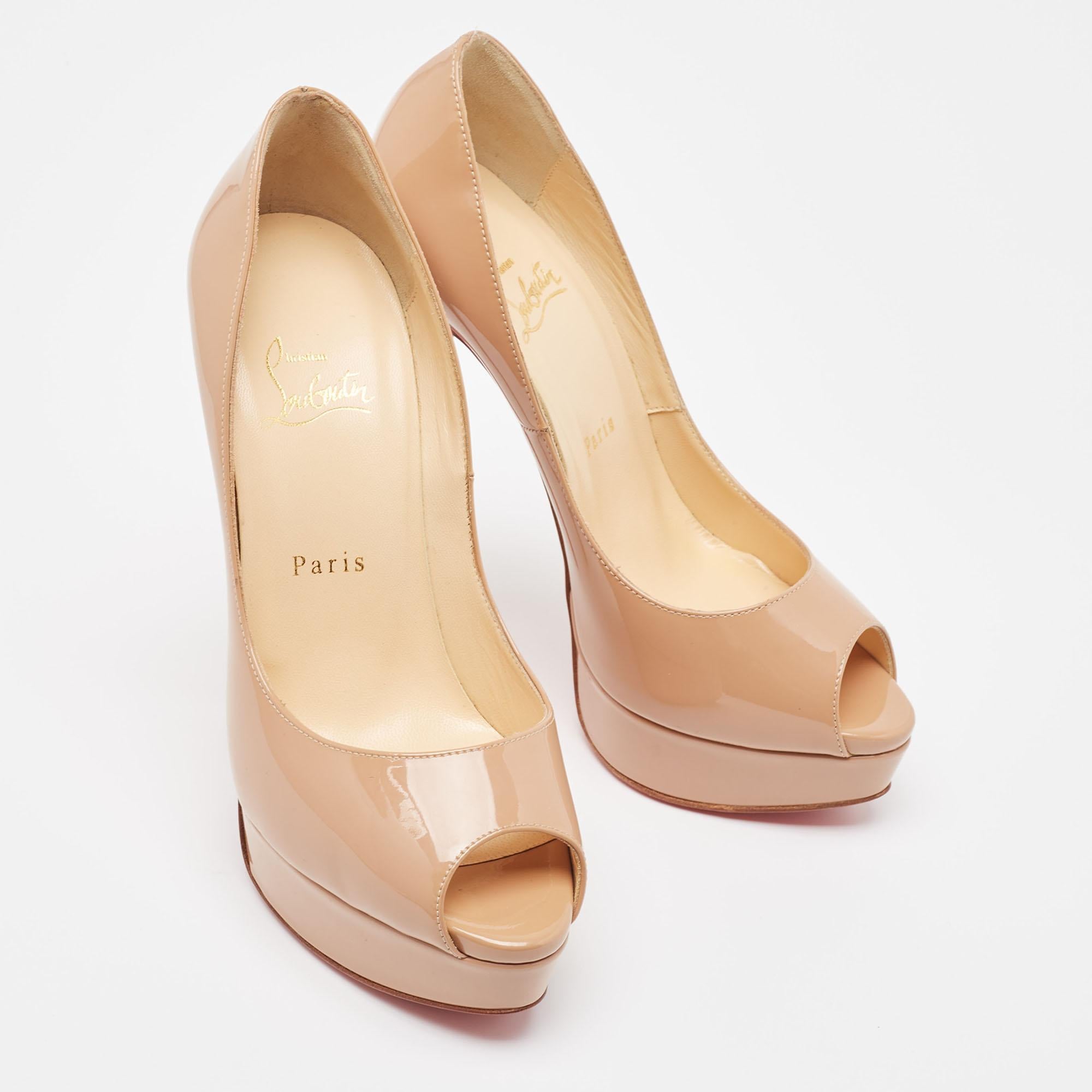 Christian Louboutin Beige Patent Leather Lady Peep Pumps Size 38.5 For Sale 1