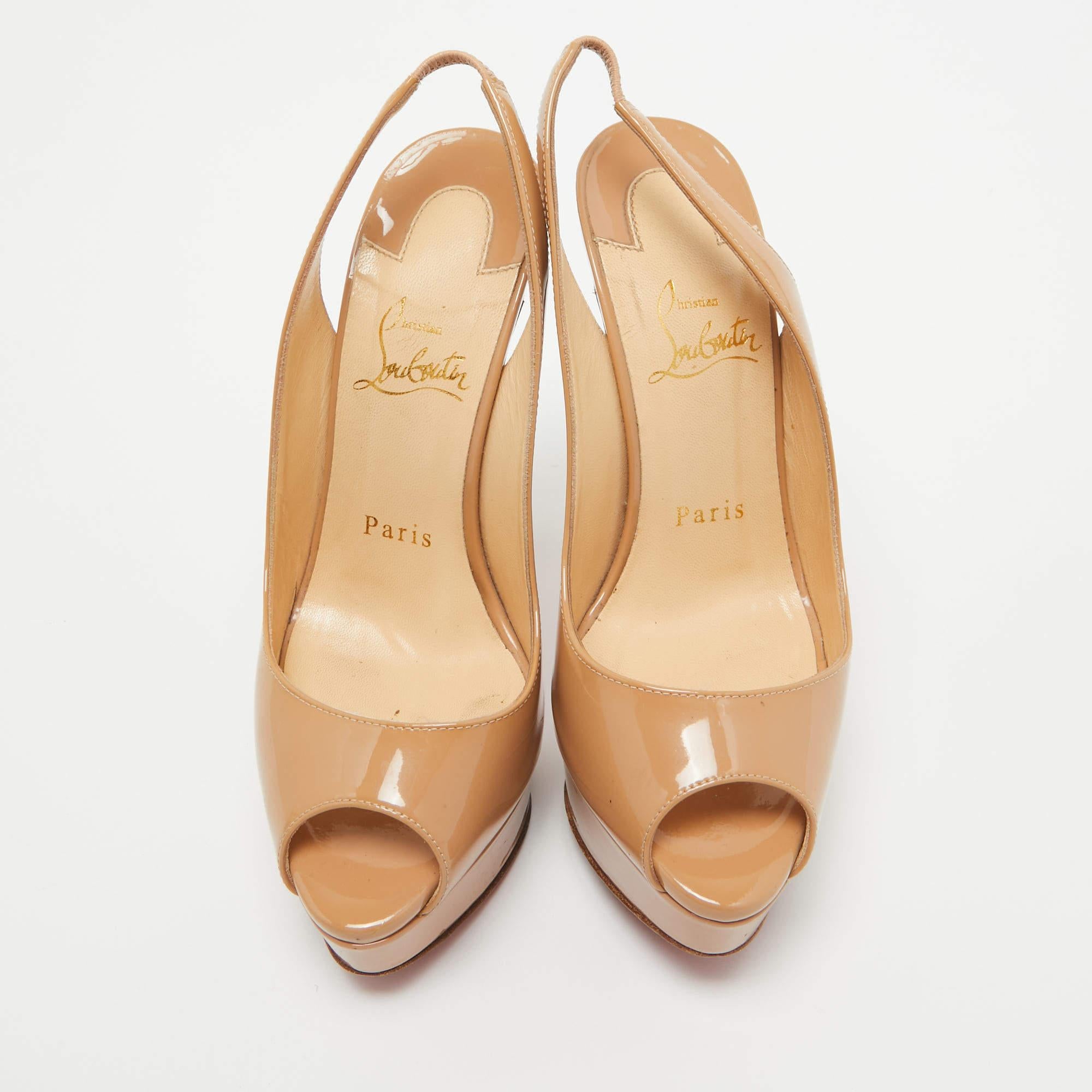 Christian Louboutin Beige Patent Leather Lady Peep Slingback Pumps Size 36.5 In Good Condition In Dubai, Al Qouz 2