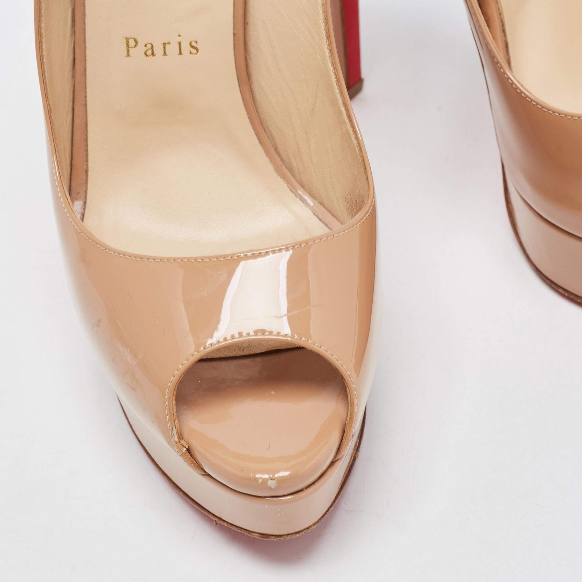 Christian Louboutin Beige Patent Leather Lady Peep Slingback Pumps Size 39 2