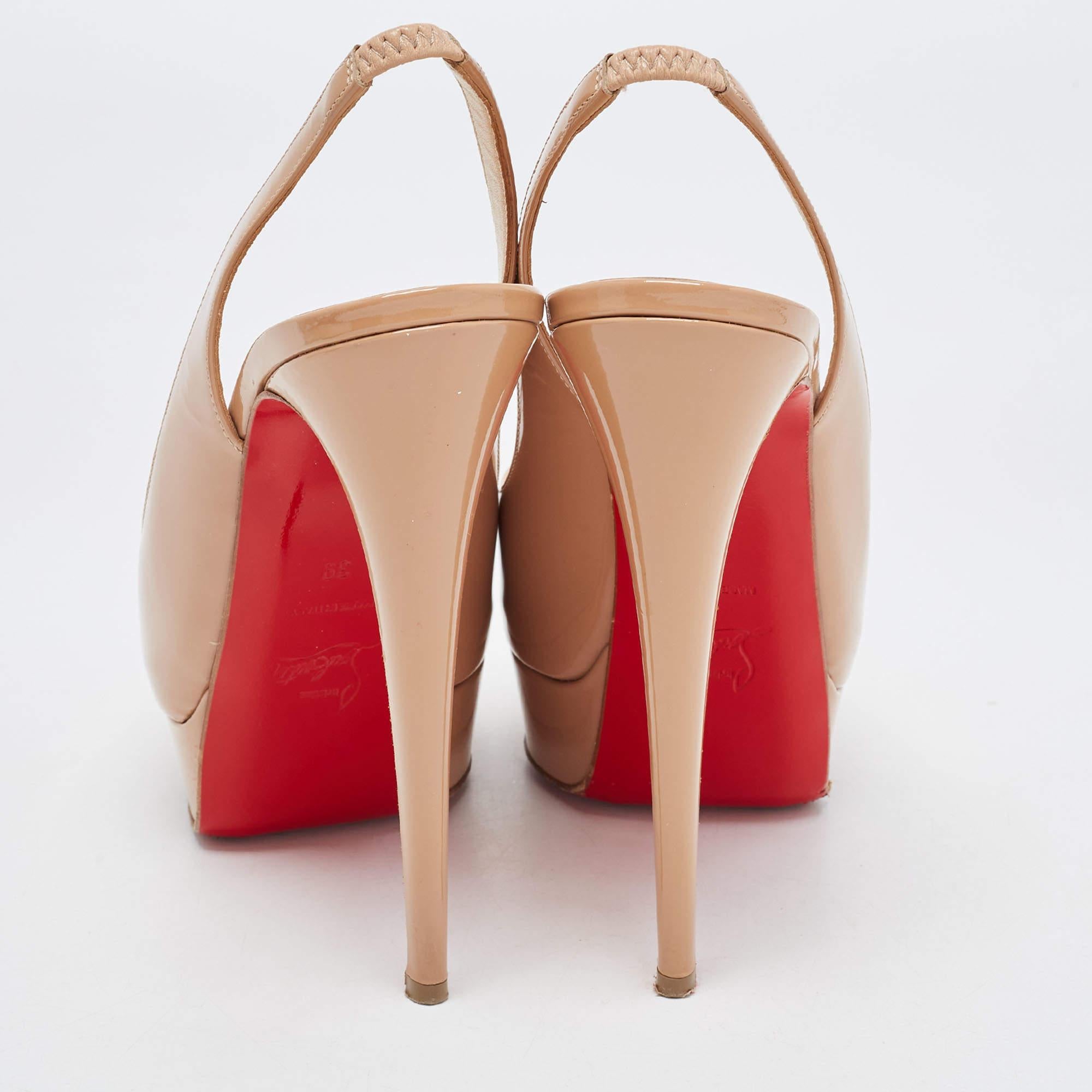 Christian Louboutin Beige Patent Leather Lady Peep Slingback Pumps Size 39 3
