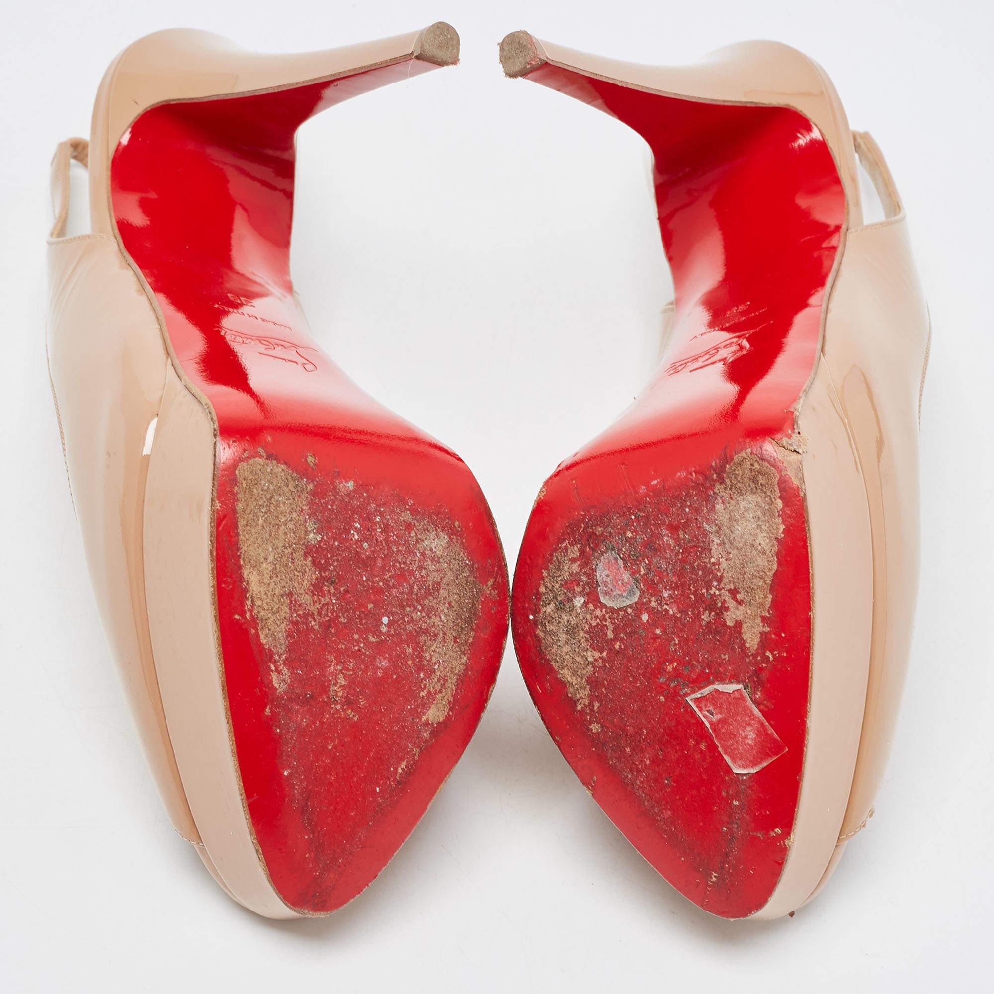 Christian Louboutin Beige Patent Leather Lady Peep Slingback Pumps Size 39 4