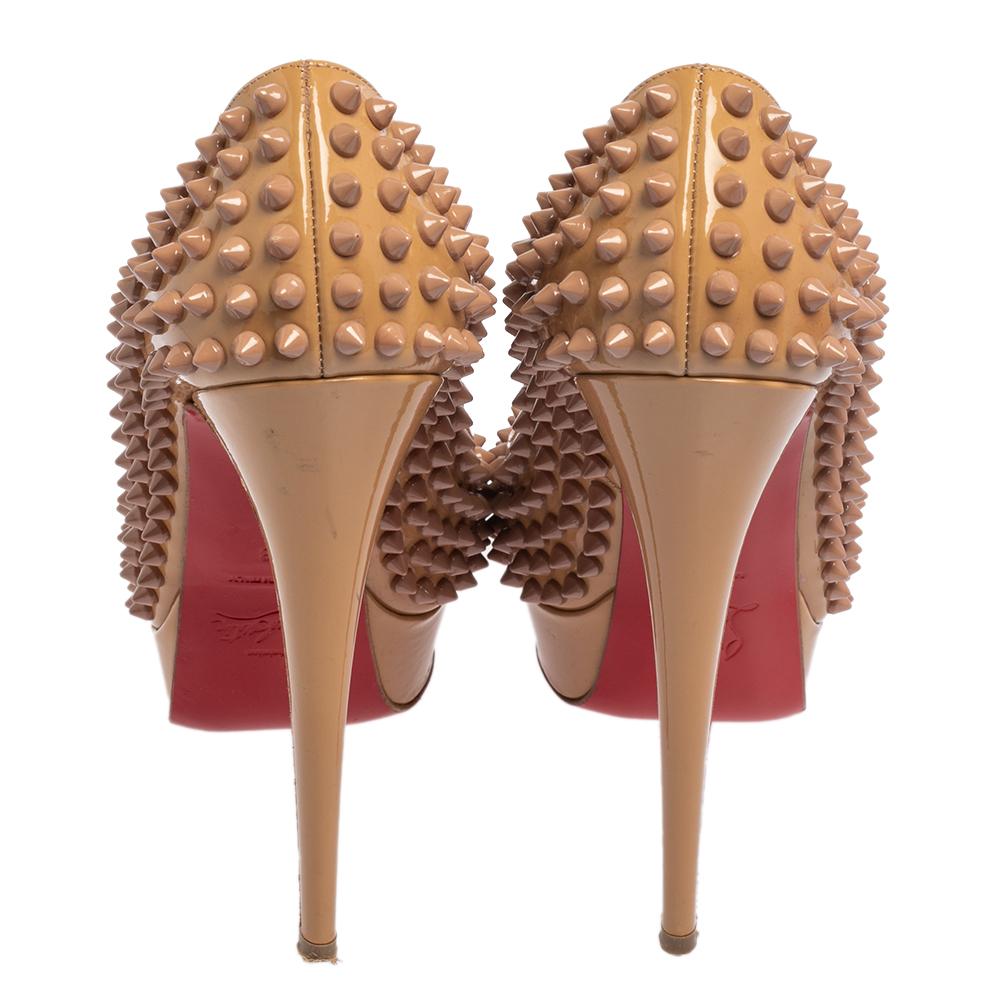 Christian Louboutin Beige Patent Leather Lady Peep Spiked Peep Toe Pumps Size 38 4