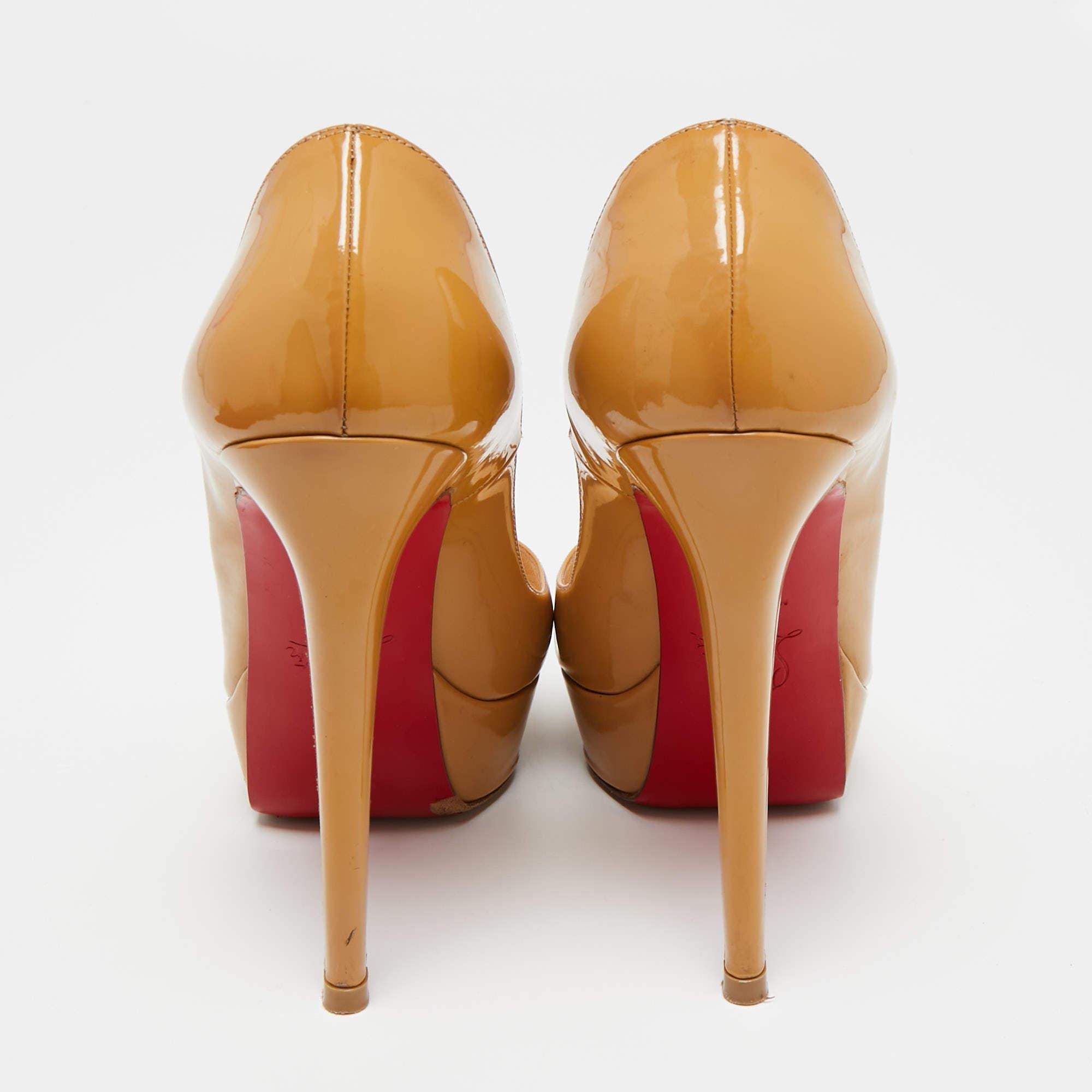 Christian Louboutin Beige Patent Leather Lady Peep-Toe Platform Pumps Size 38 1