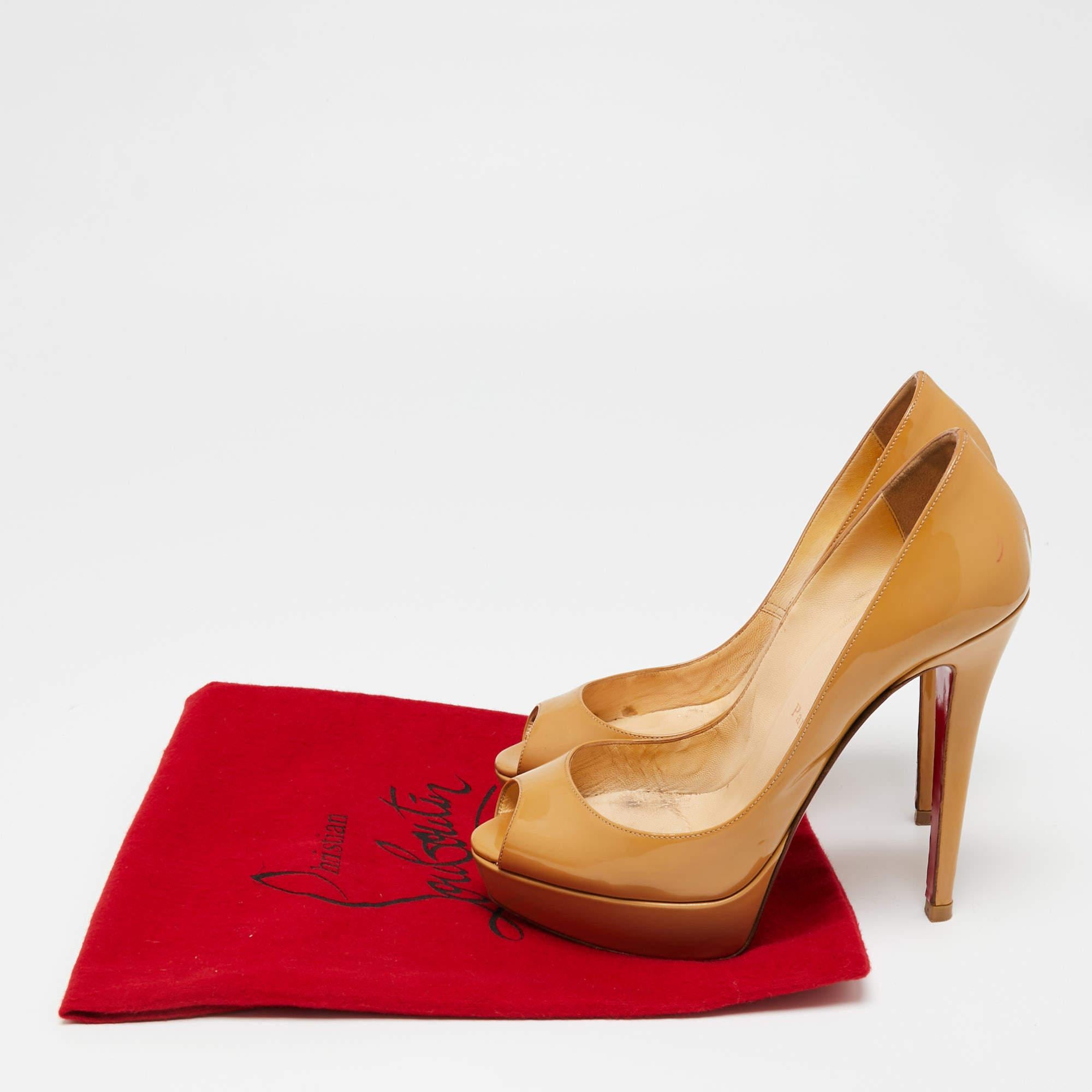 Christian Louboutin Beige Patent Leather Lady Peep-Toe Platform Pumps Size 38 5