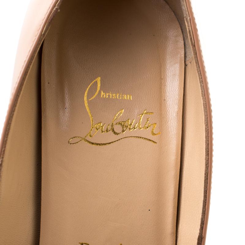 Women's Christian Louboutin Beige Patent Leather Lady Peep Toe Platform Pumps Size 39
