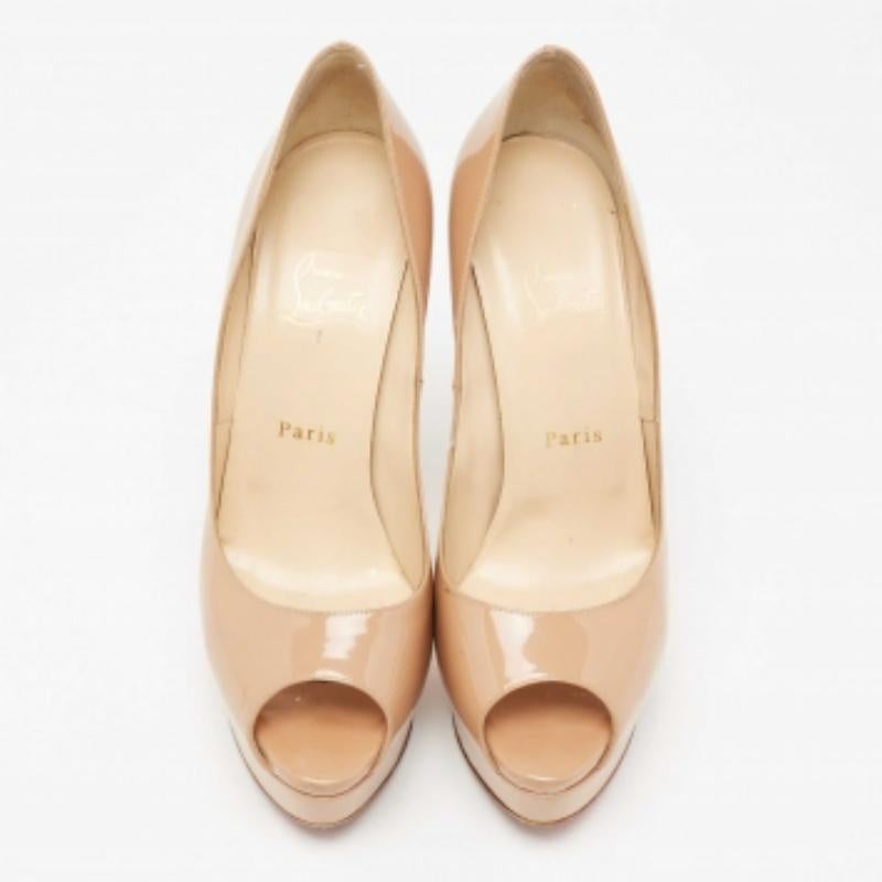 Women's Christian Louboutin Beige Patent Leather Lady Peep Toe Platform Pumps Size 39.5 For Sale
