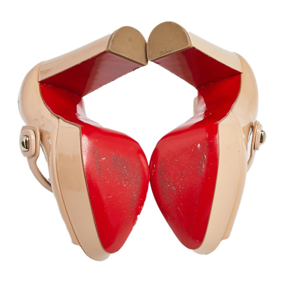 Christian Louboutin Beige Patent Leather Mary Jane Peep Toe Pumps Size 36.5 In Good Condition In Dubai, Al Qouz 2