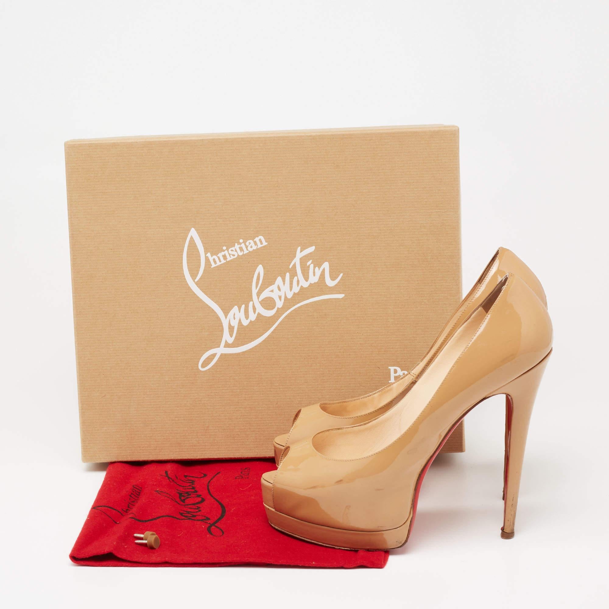 Christian Louboutin Beige Patent Leather New Prive Platform Pumps Size 38.5 For Sale 5
