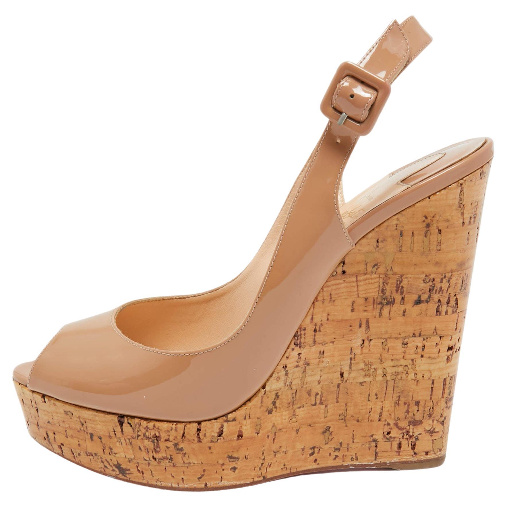 Christian Louboutin Beige Patent Leather Peep Toe Ankle Strap Wedge Sandals Size For Sale