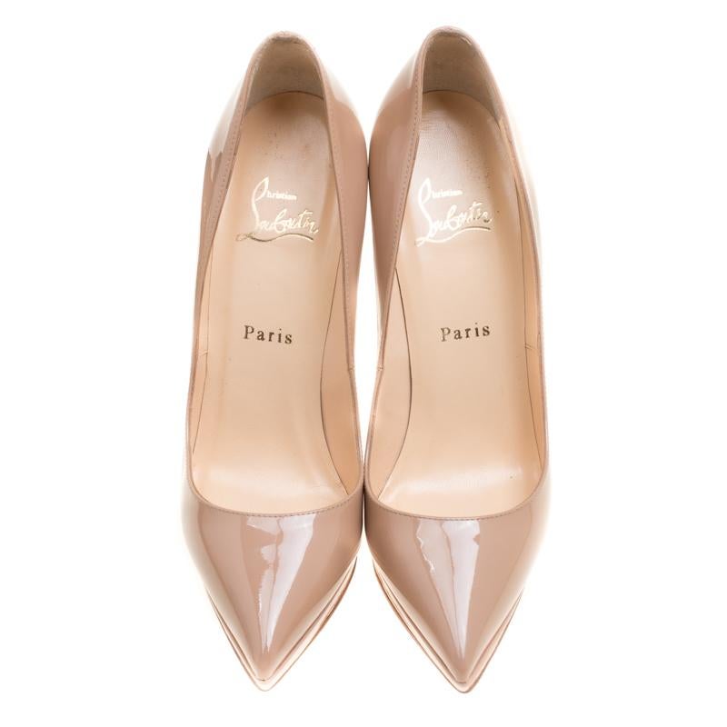 Louboutins are designed to lift one's attitude and outfit. Let this pair lift yours as well by owning them today. Crafted from patent leather, these beige pumps carry a pointed toe design and a sleek silhouette. Completed with stiletto heels and the