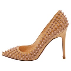 Used Christian Louboutin Beige Patent Leather Pigalle Spikes Pumps Size 37