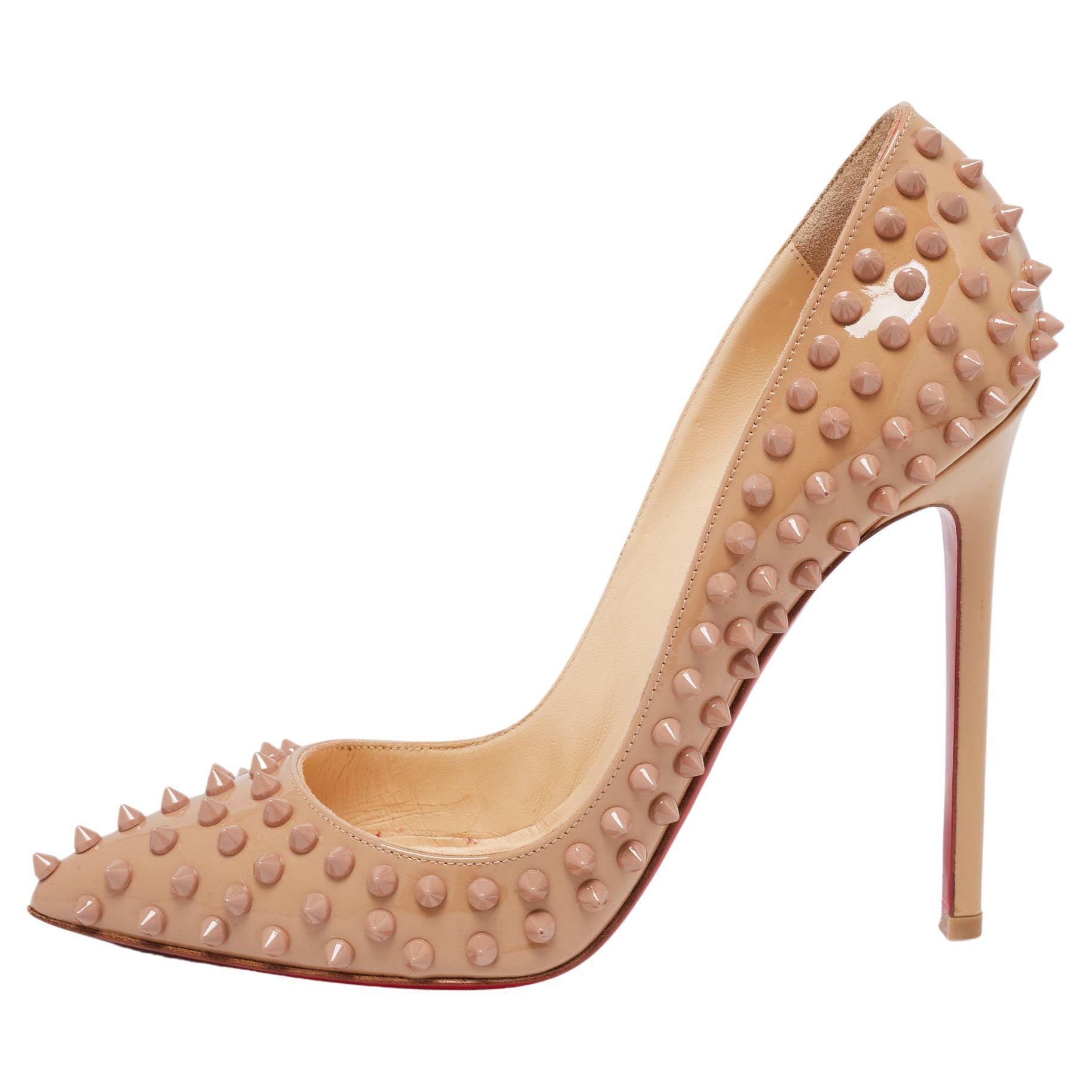 Christian Louboutin Beige Patent Leather Pigalle Spikes Pumps Size 38
