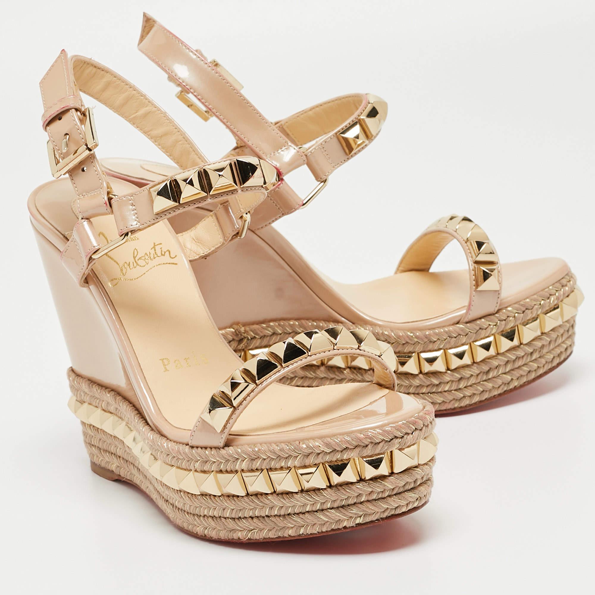 Christian Louboutin Beige Patent Leather Pyraclou Wedge Sandals Size 35 For Sale 3