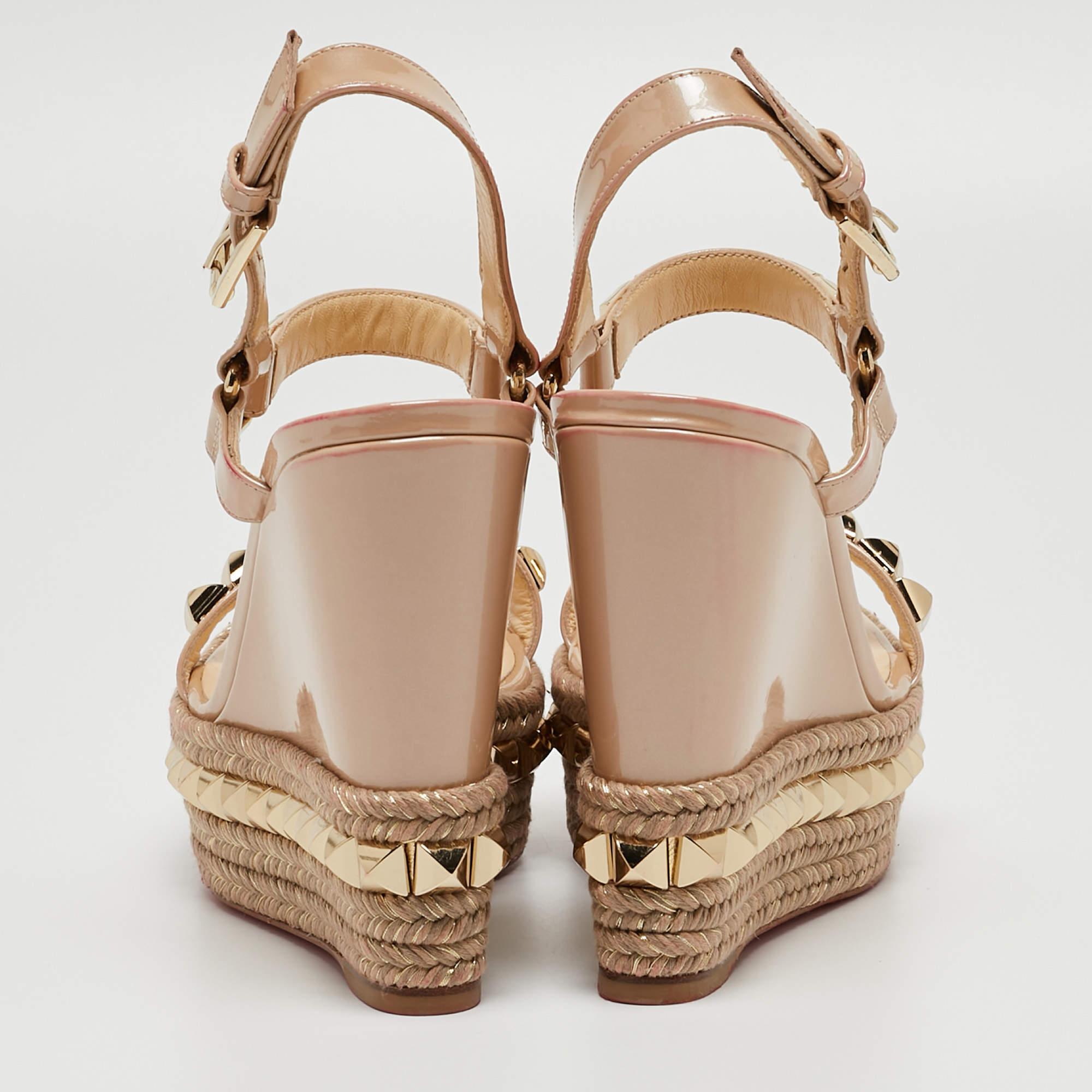 Christian Louboutin Beige Patent Leather Pyraclou Wedge Sandals Size 35 For Sale 5