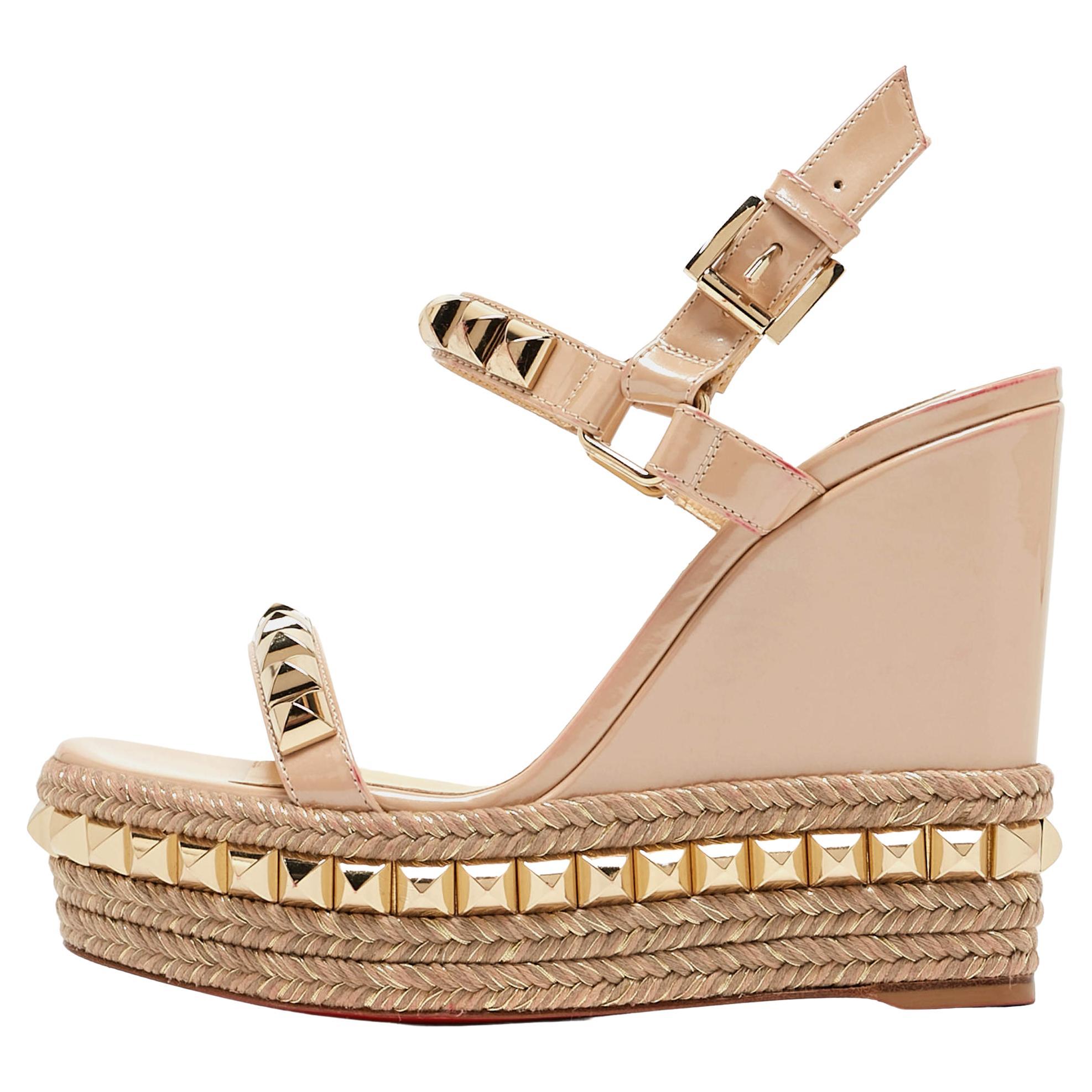 Christian Louboutin Beige Patent Leather Pyraclou Wedge Sandals Size 35 For Sale