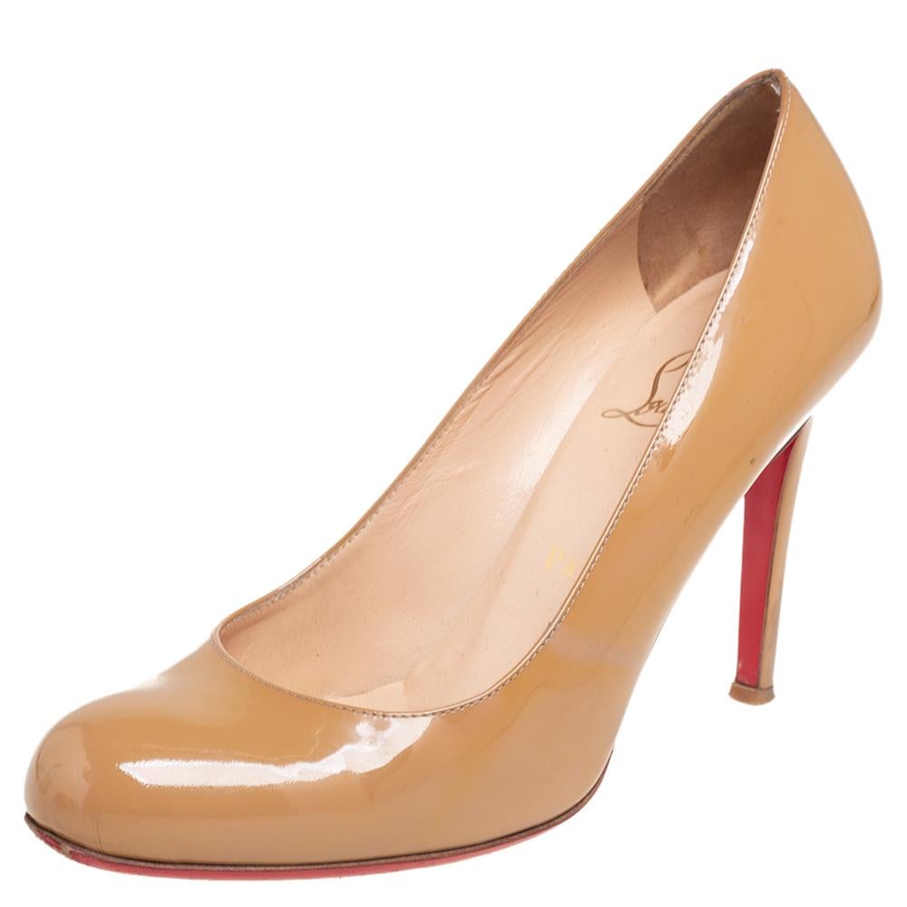 Christian Louboutin Beige Patent Leather Ron Ron Pumps Size 37.5 For Sale 4