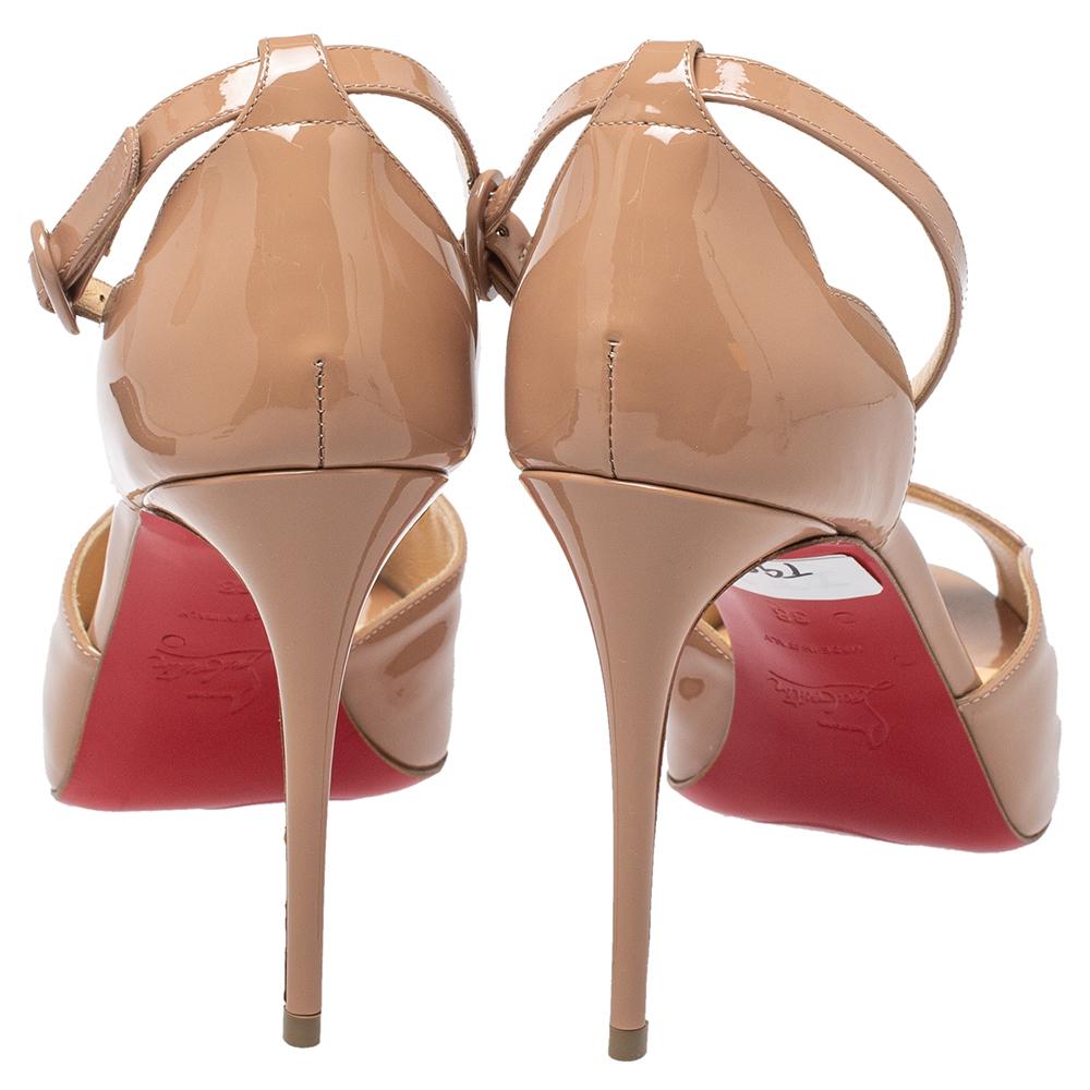 Women's Christian Louboutin Beige Patent Leather Round Ankle Strap Sandals Size 38