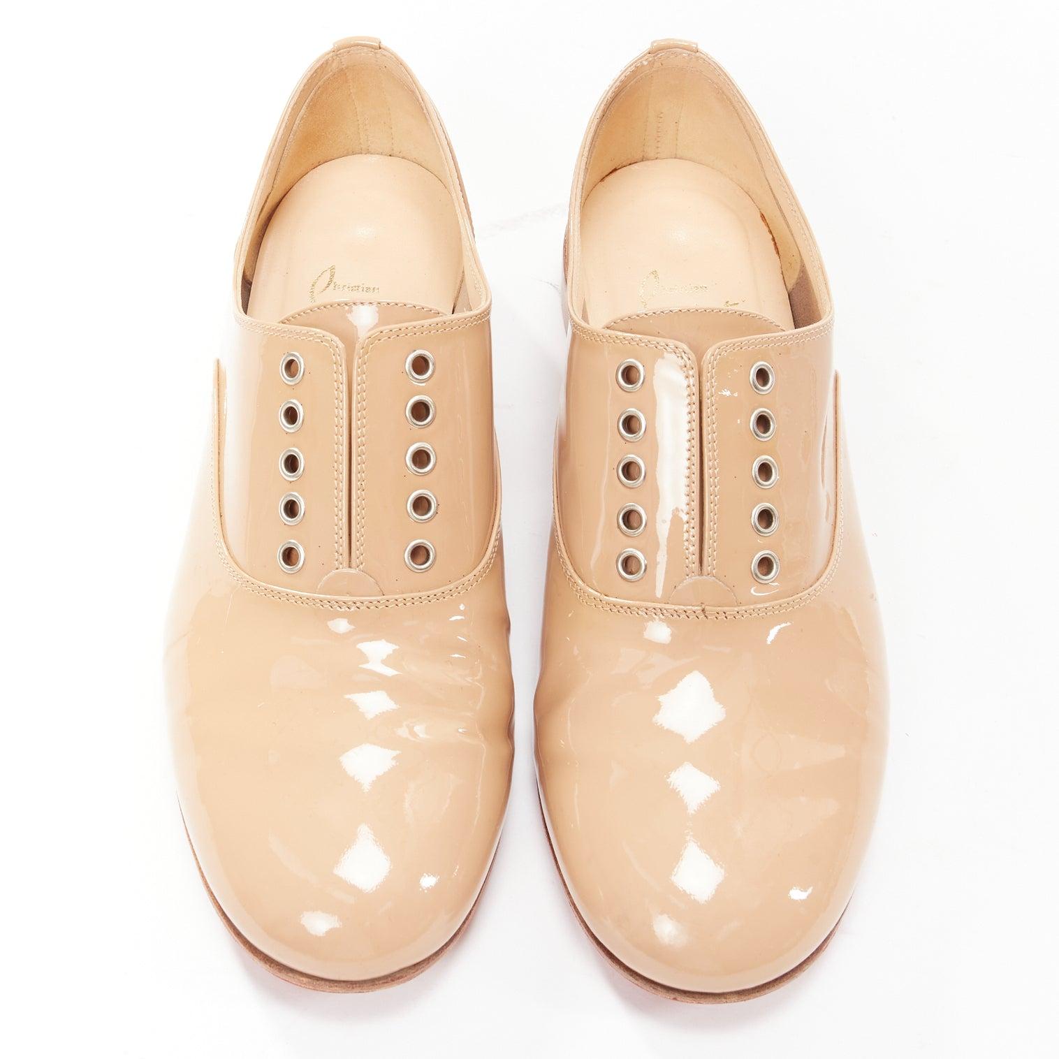 CHRISTIAN LOUBOUTIN beige patent leather round toe derby flat shoes EU35.5 In Fair Condition For Sale In Hong Kong, NT