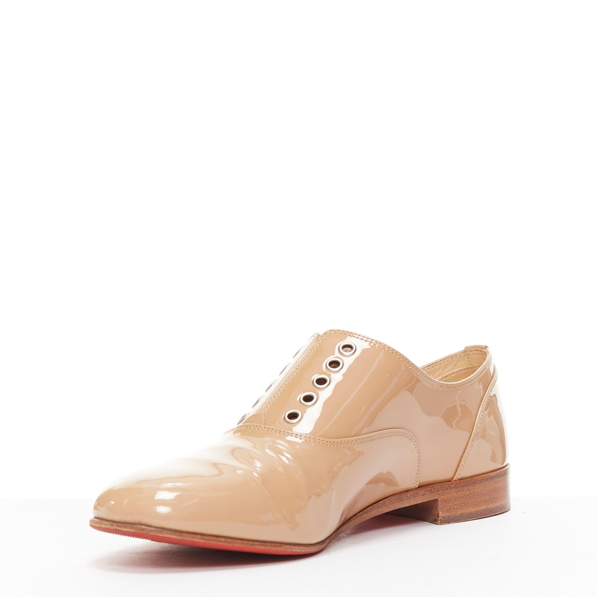 Women's CHRISTIAN LOUBOUTIN beige patent leather round toe derby flat shoes EU35.5 For Sale