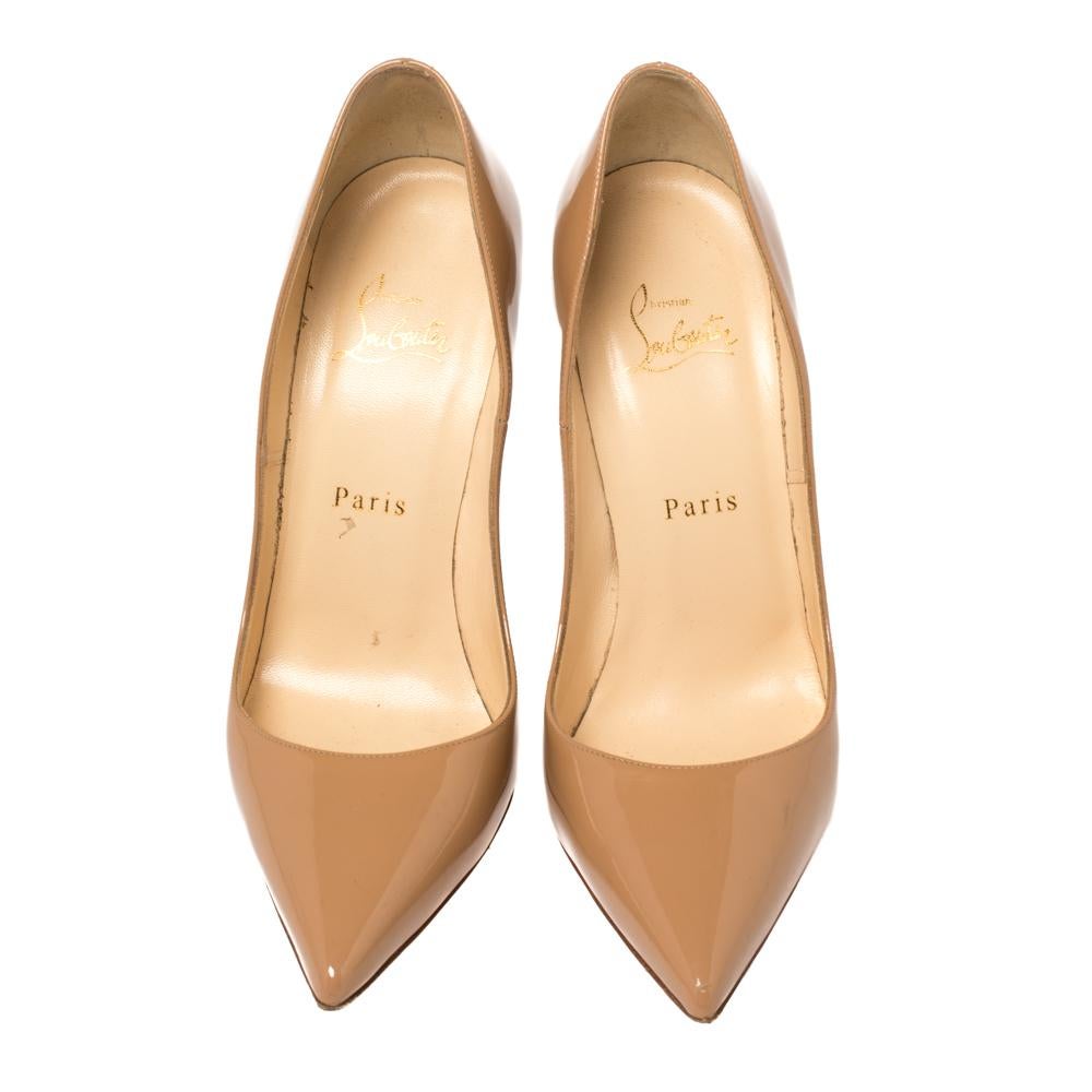 Christian Louboutin's one of the most loved styles is So Kate, named after the English model, actress, and businesswoman, Kate Moss. These So Kate pumps are rendered in beige patent leather flaunting well-cut vamps, pointed toes, and 12.5 cm heels