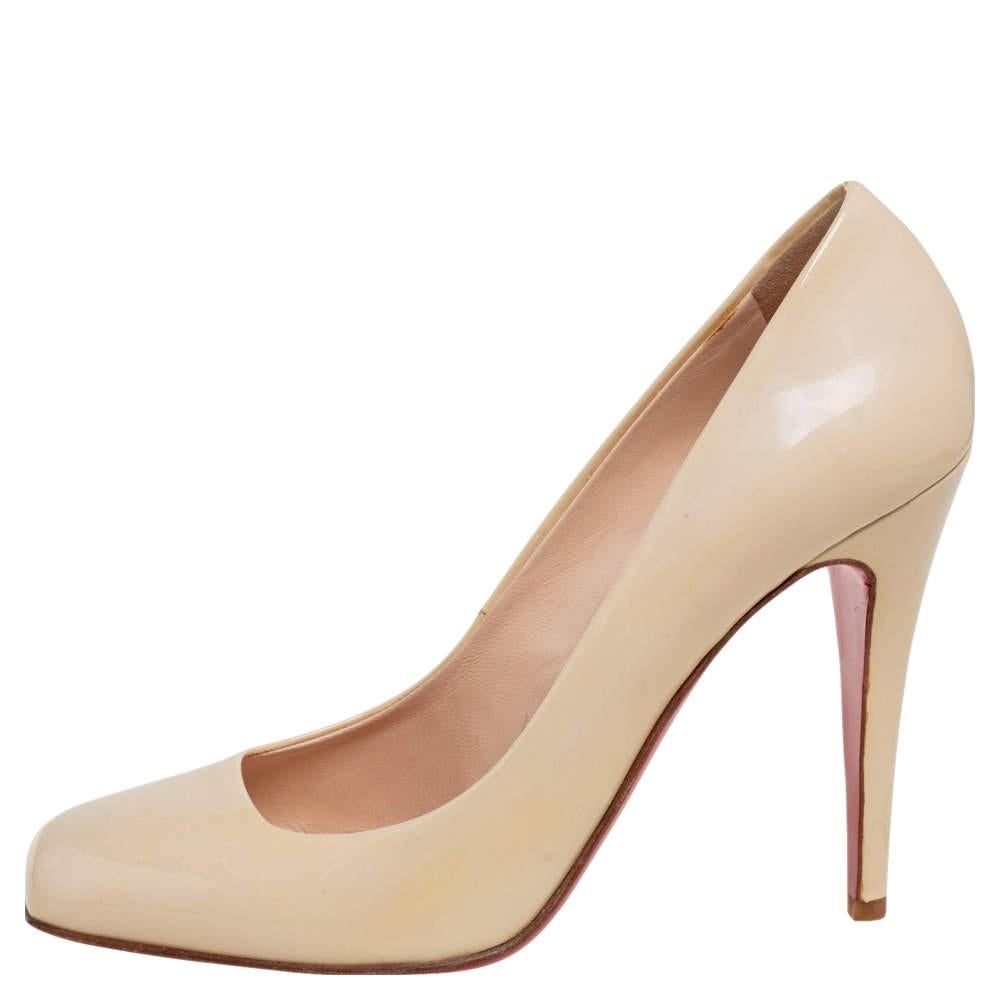 Christian Louboutin Beige Patent Leather Square Toe Pumps Size 38 For Sale 1