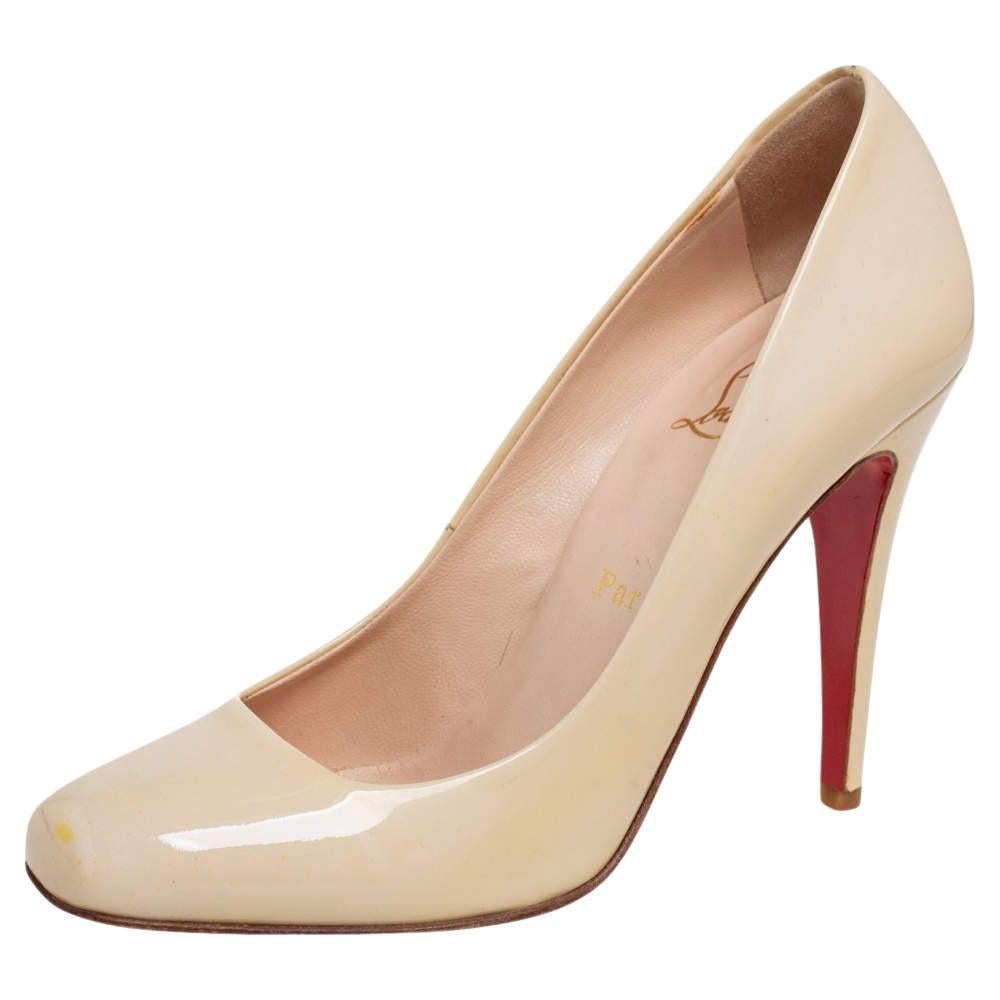 Christian Louboutin Beige Patent Leather Square Toe Pumps Size 38 For Sale