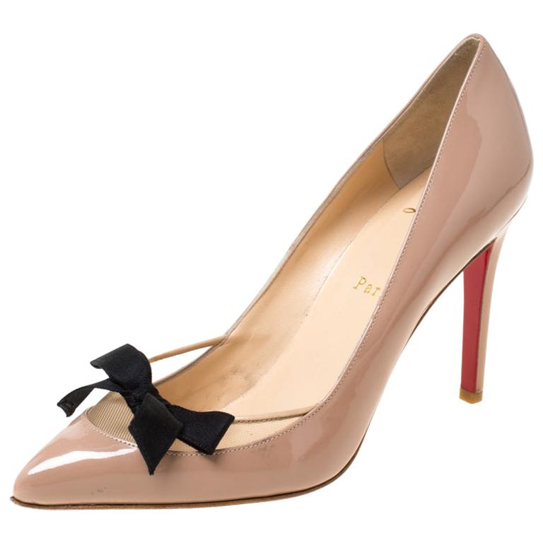 Christian Louboutin Beige Patent Mesh Bow Pointed Toe Pumps Size 37.5 ...