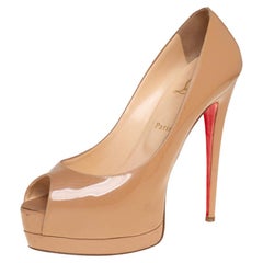 Christian Louboutin Beige Patent Palais Royal Peep Toe Platform Pumps Size 40.5