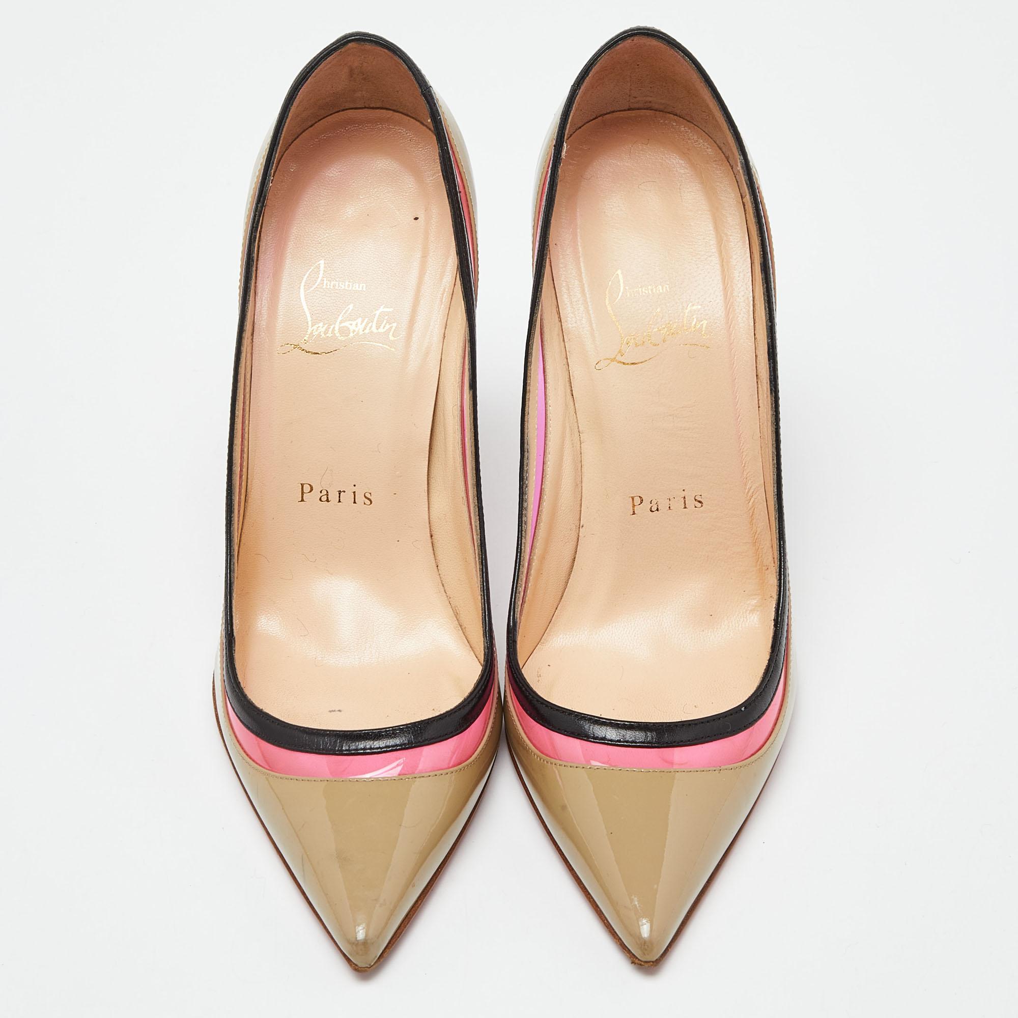 Brown Christian Louboutin Beige/Pink Patent Leather and PVC Paulina Pumps Size 36 For Sale