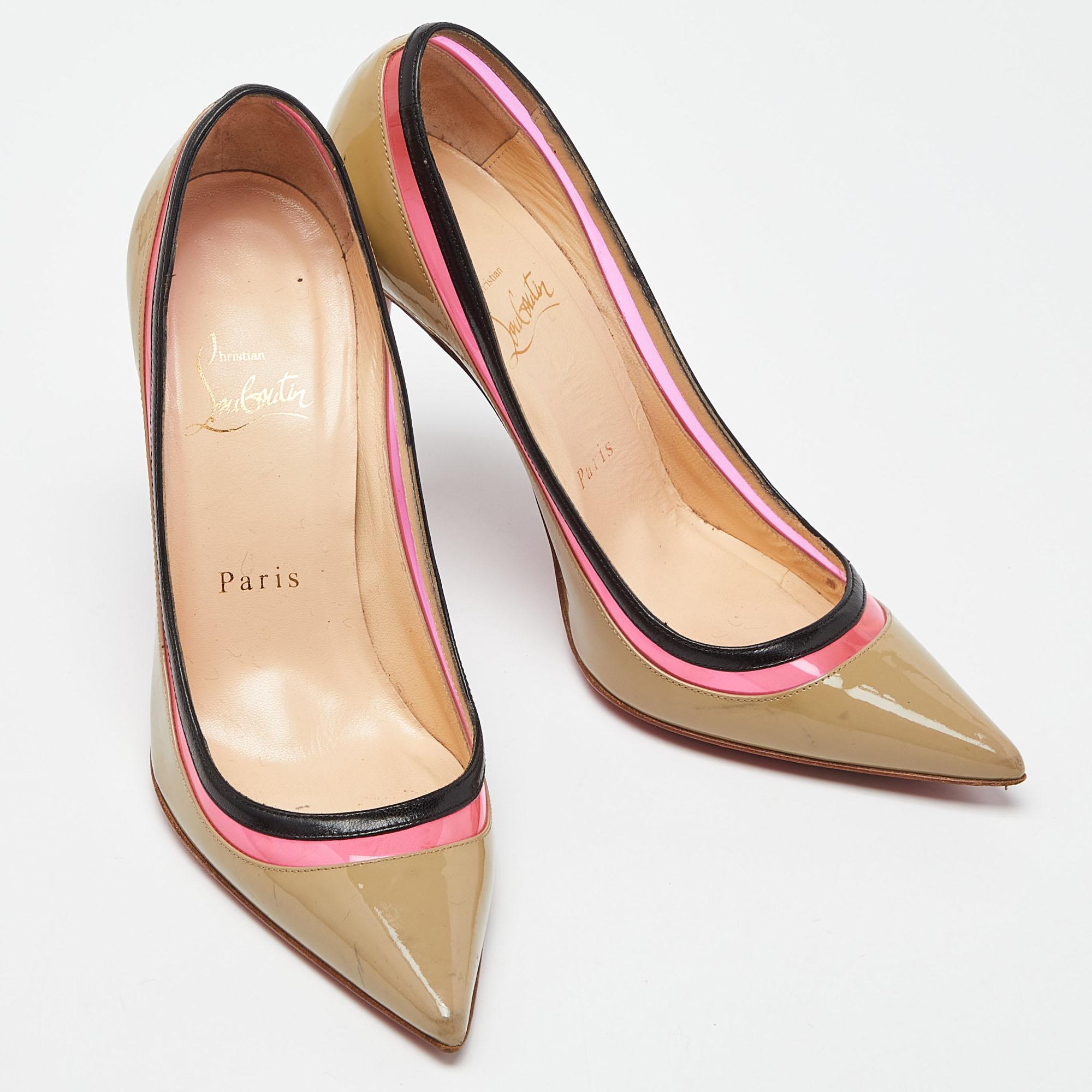 Christian Louboutin Beige/Pink Patent Leather and PVC Paulina Pumps Size 36 In Good Condition For Sale In Dubai, Al Qouz 2
