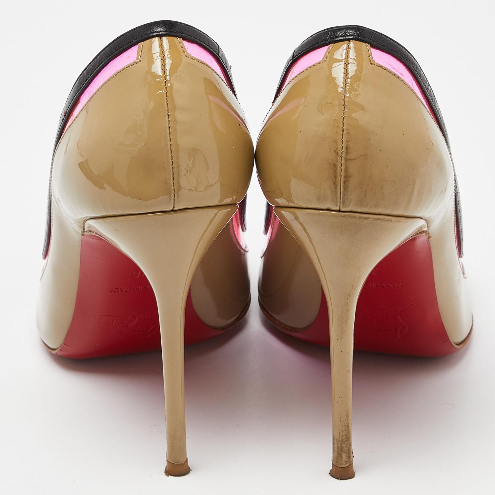 Women's Christian Louboutin Beige/Pink Patent Leather and PVC Paulina Pumps Size 36 For Sale