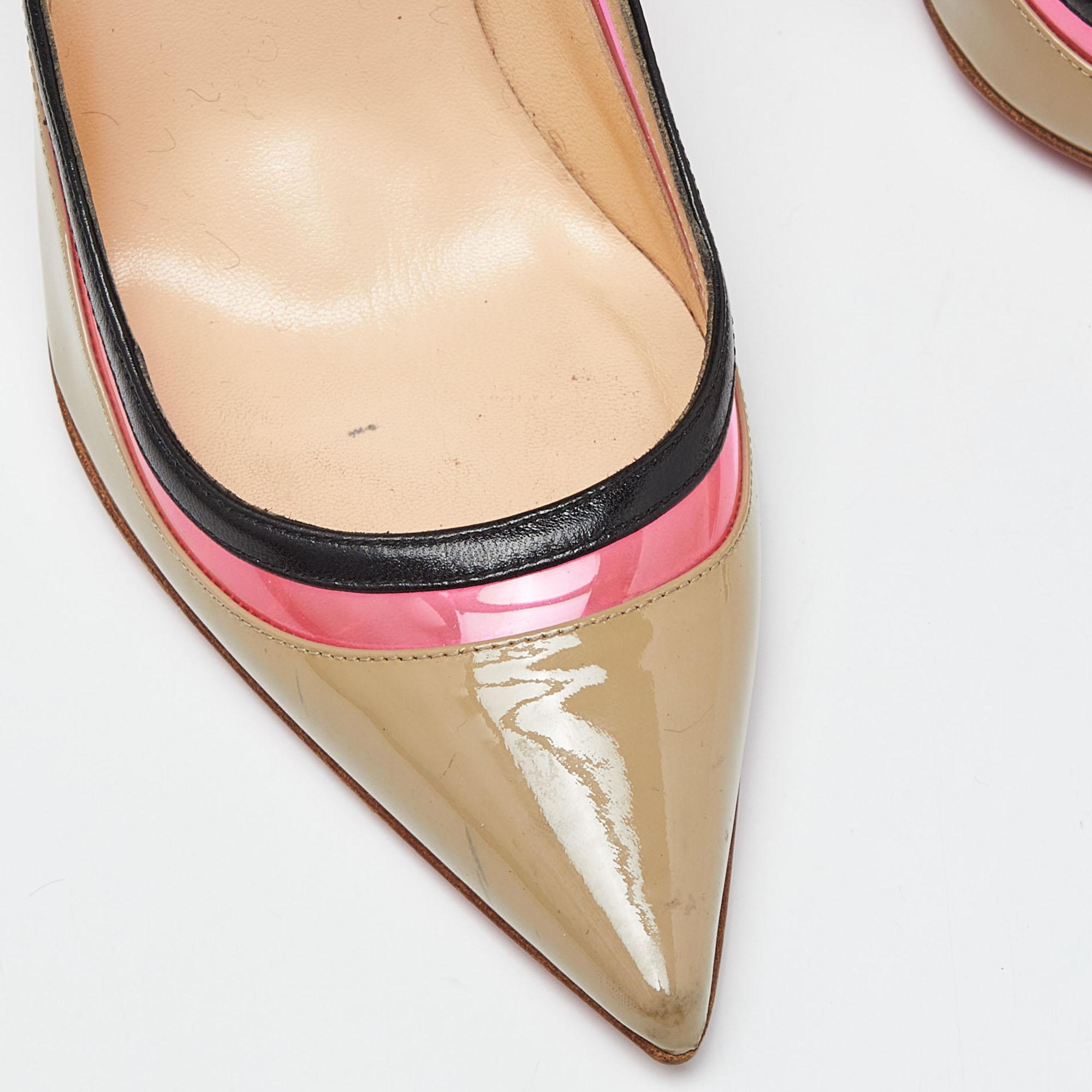 Christian Louboutin Beige/Pink Patent Leather and PVC Paulina Pumps Size 36 For Sale 2