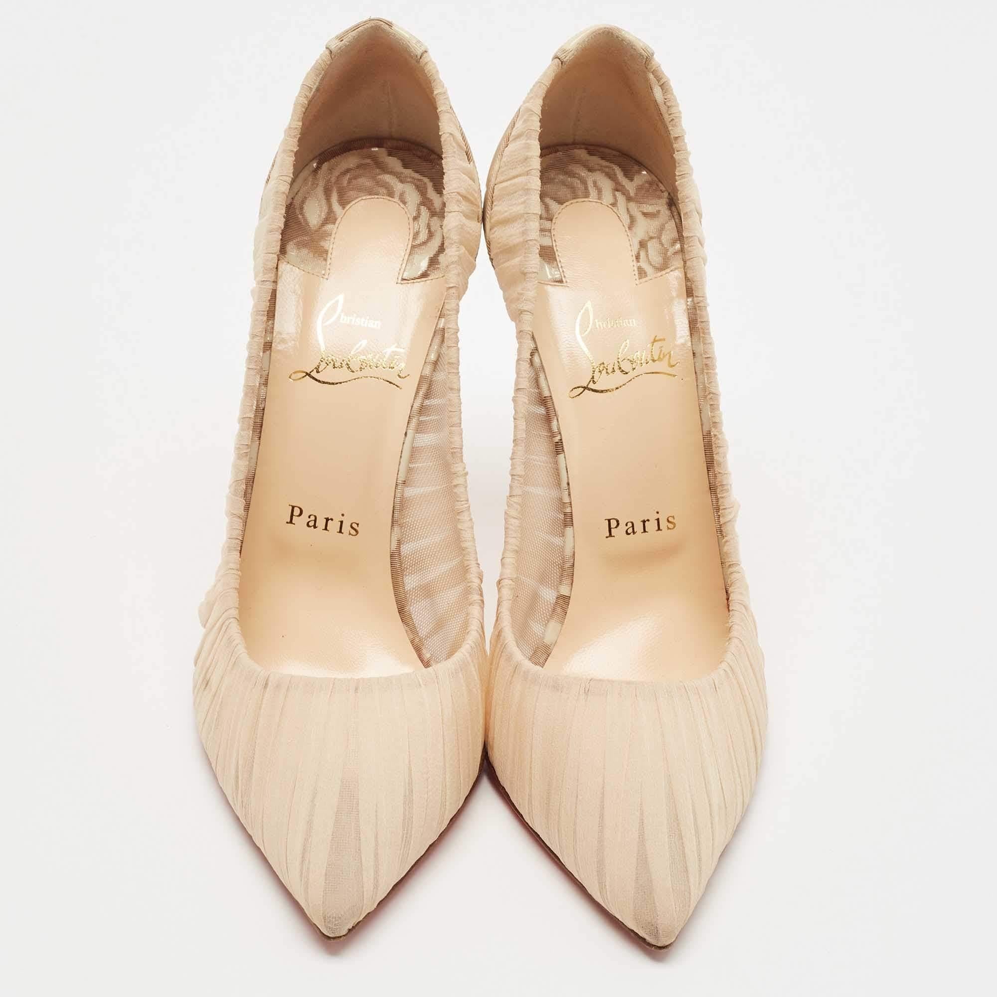 Women's Christian Louboutin Beige Pleated Silk Crepe Pointed Toe Pumps Size 39 For Sale