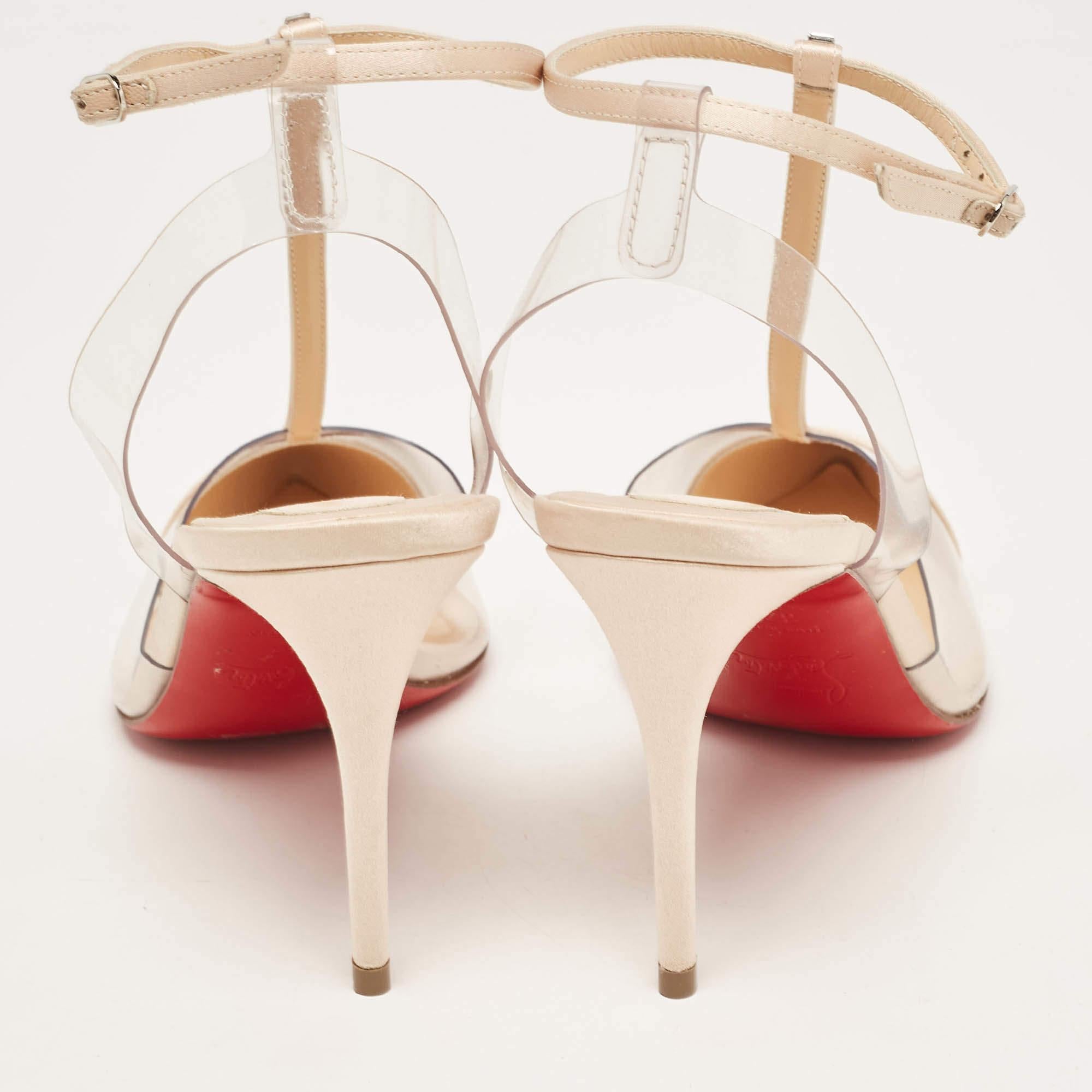 Women's Christian Louboutin Beige PVC and Satin Nosy Ankle Strap Pumps Size 37.5