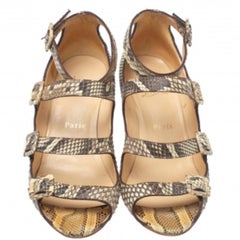 Christian Louboutin Beige Python Caged Buckle Wedge Sandals Size 38