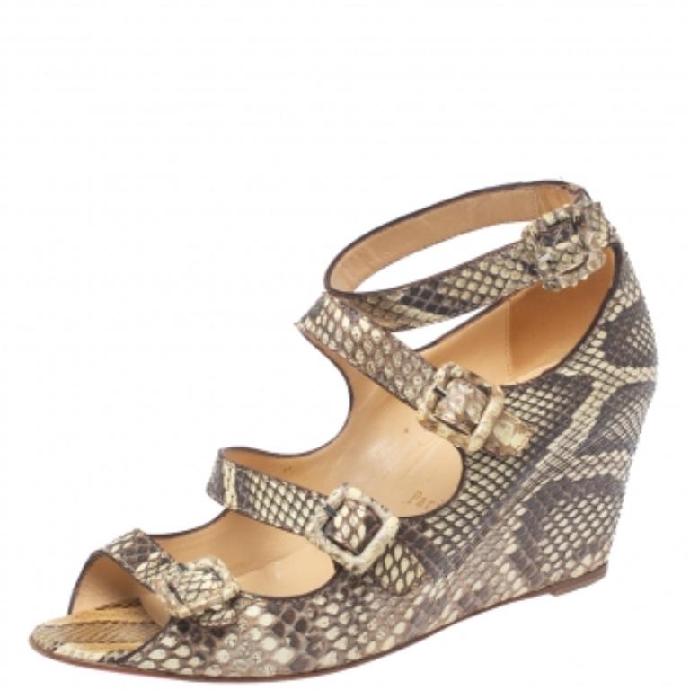 Christian Louboutin Beige Python Caged Buckle Wedge Sandals Size 38 For Sale 1